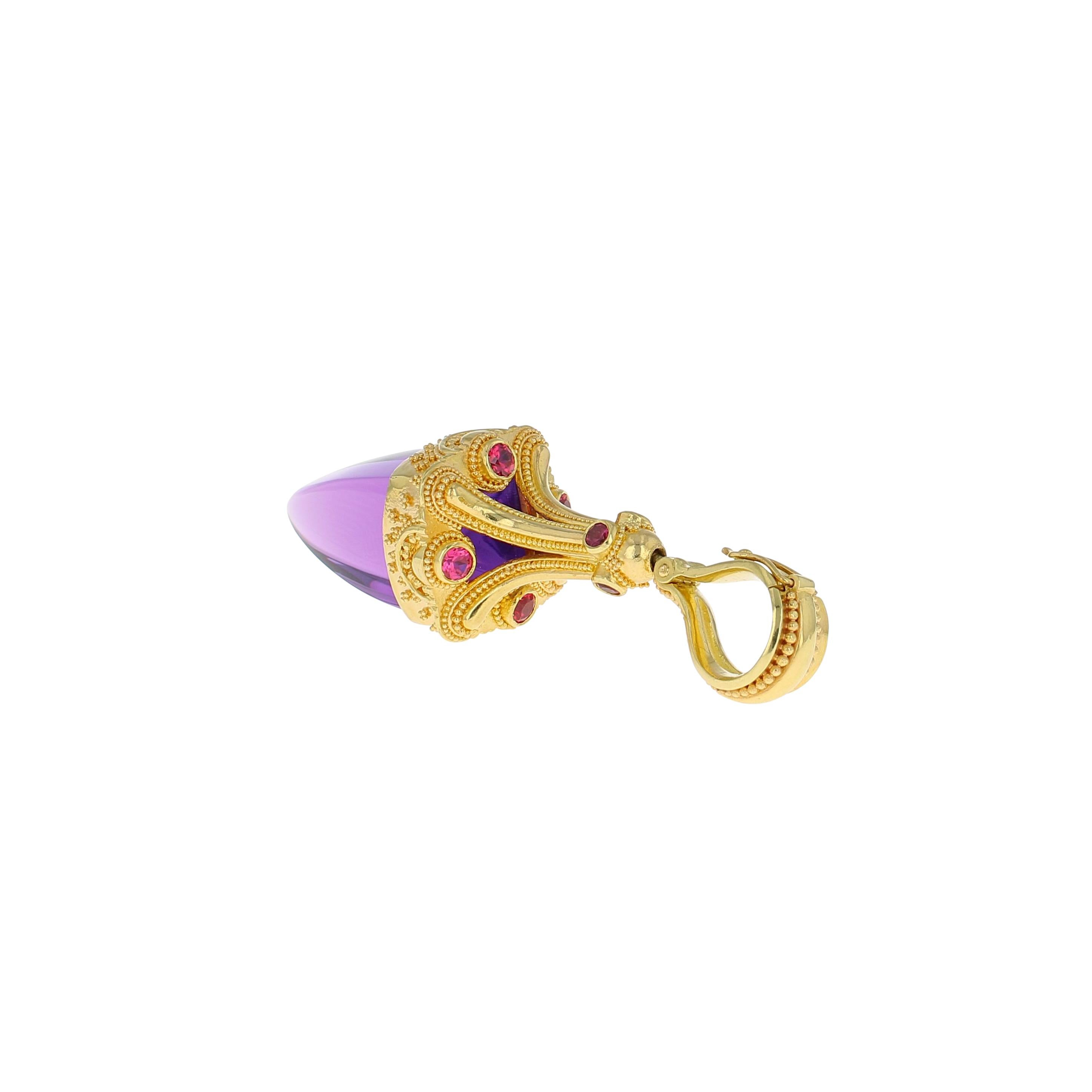 Kent Raible 18 Karat Gold Amethyst and Spinel Pendulum Drop Pendant, Granulation For Sale 2