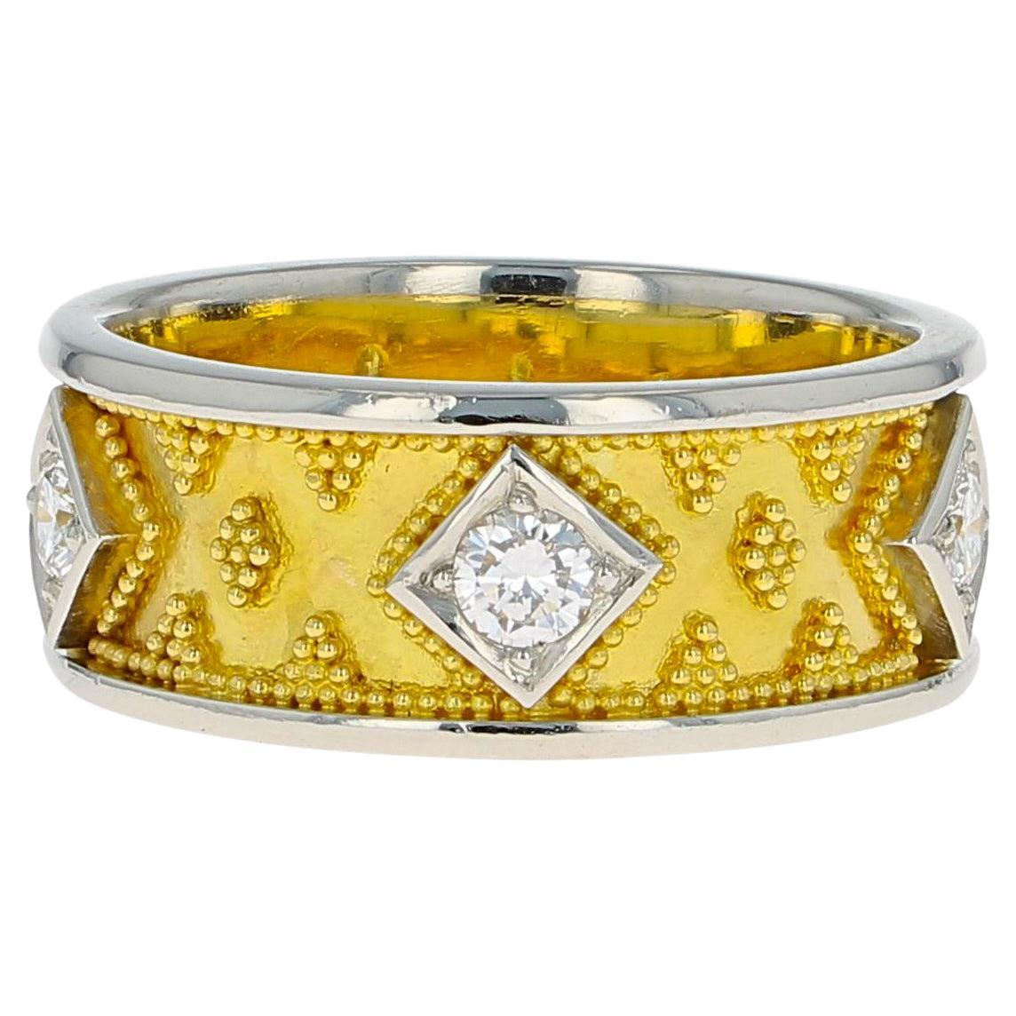 18 Karat Gold and Platinum Band Ring with Diamonds and Granulation