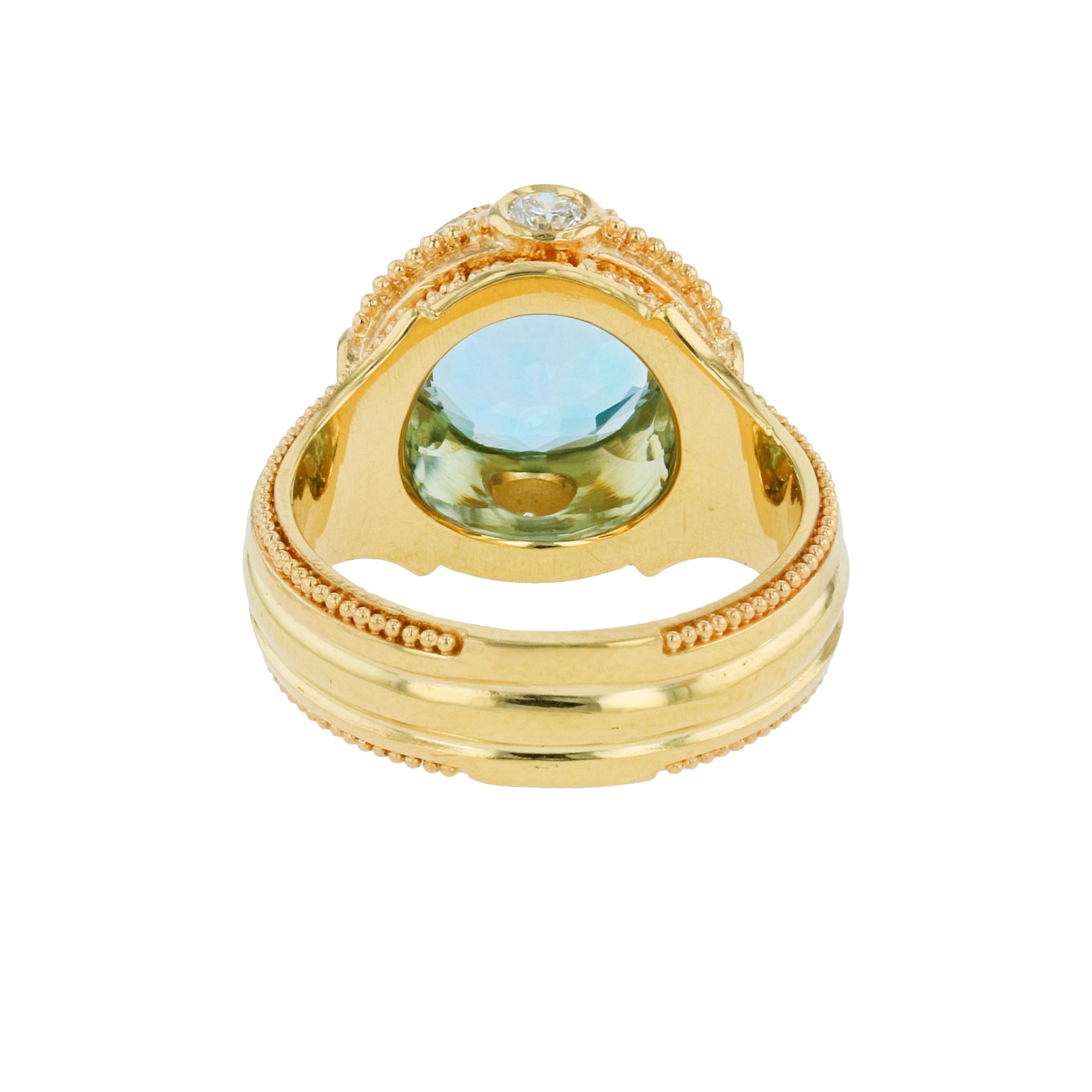 Artisan Kent Raible 18 Karat Gold Aquamarine and Diamond Cocktail Ring with Granulation For Sale