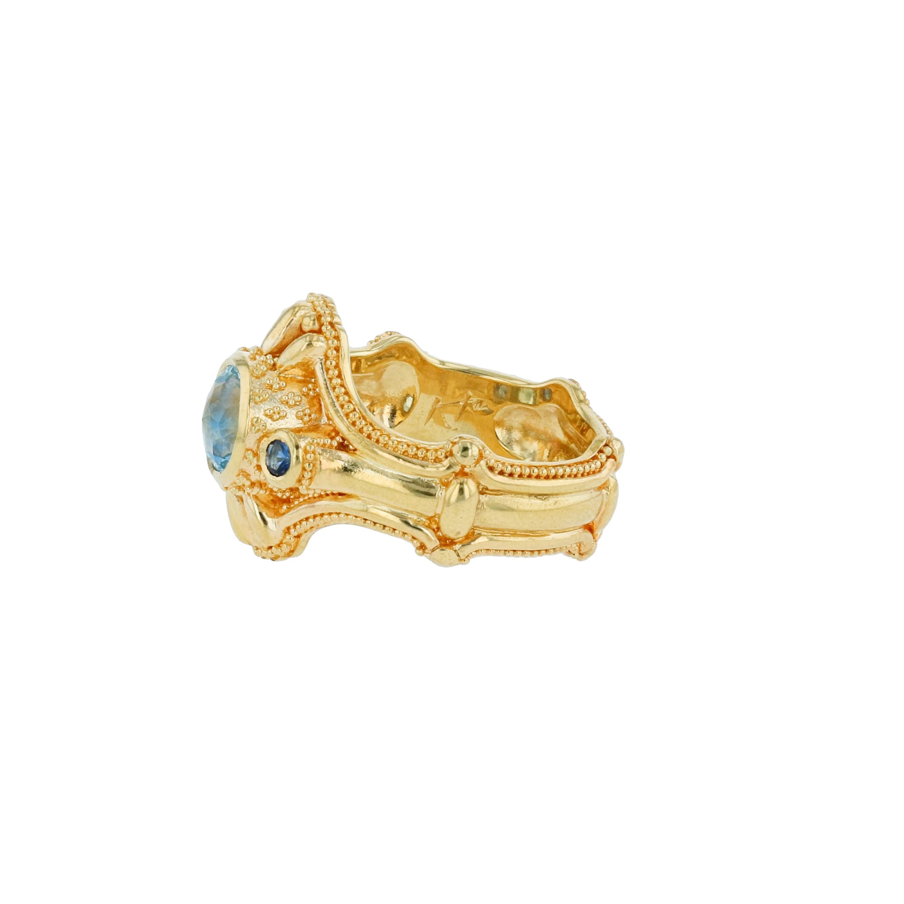 Round Cut Kent Raible 18 karat Gold Aquamarine Blue Sapphire Three-Stone Ring, Granulation