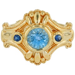 Kent Raible Bague à trois pierres en or 18 carats:: aigue-marine:: saphir bleu:: granulation