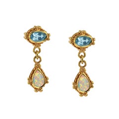 Kent Raible 18 Karat Gold Aquamarine, Opal Dangle Earrings with Fine Granulation