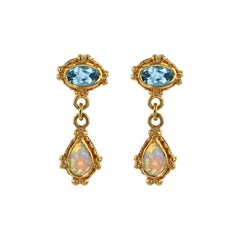 Kent Raible 18 Karat Gold Aquamarine, Opal Dangle Earrings with Fine Granulation