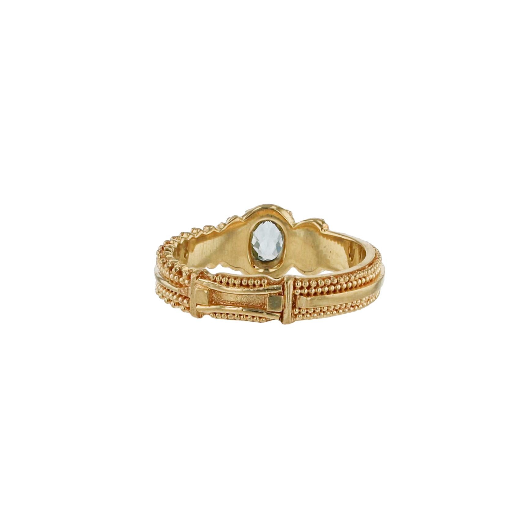 Kent Raible 18 Karat Gold Aquamarine Solitaire Band Ring with Fine Granulation In Excellent Condition In Mossrock, WA