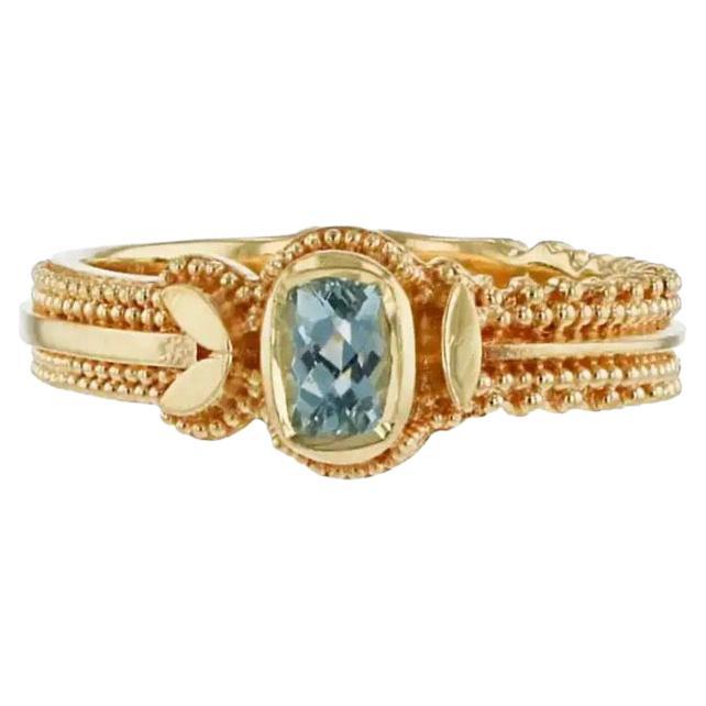 Kent Raible 18 Karat Gold Aquamarine Solitaire Band Ring with Fine Granulation