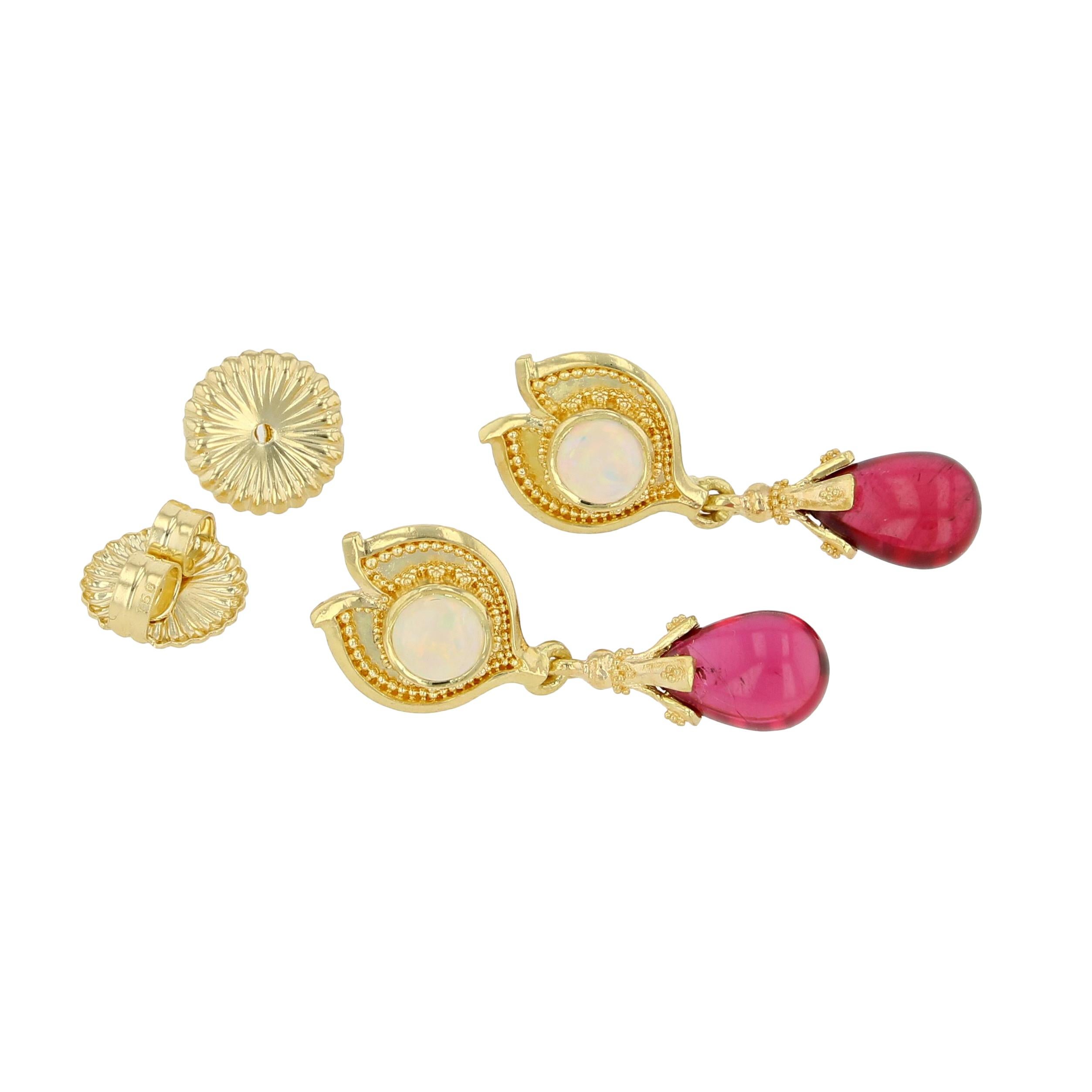 Artisan Kent Raible 18 Karat Gold Australian Opal and Rubellite Earrings, Granulation For Sale