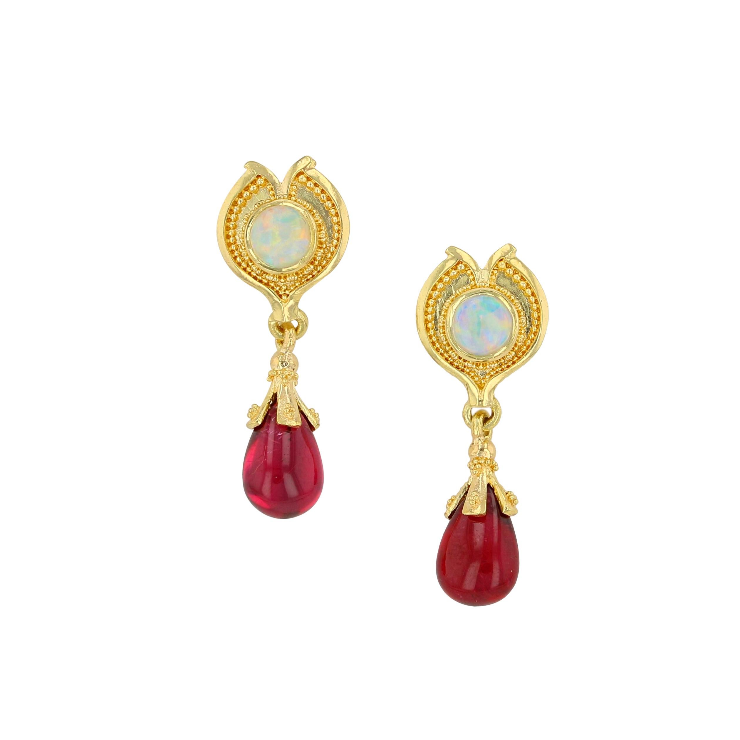 Mixed Cut Kent Raible 18 Karat Gold Australian Opal and Rubellite Earrings, Granulation For Sale