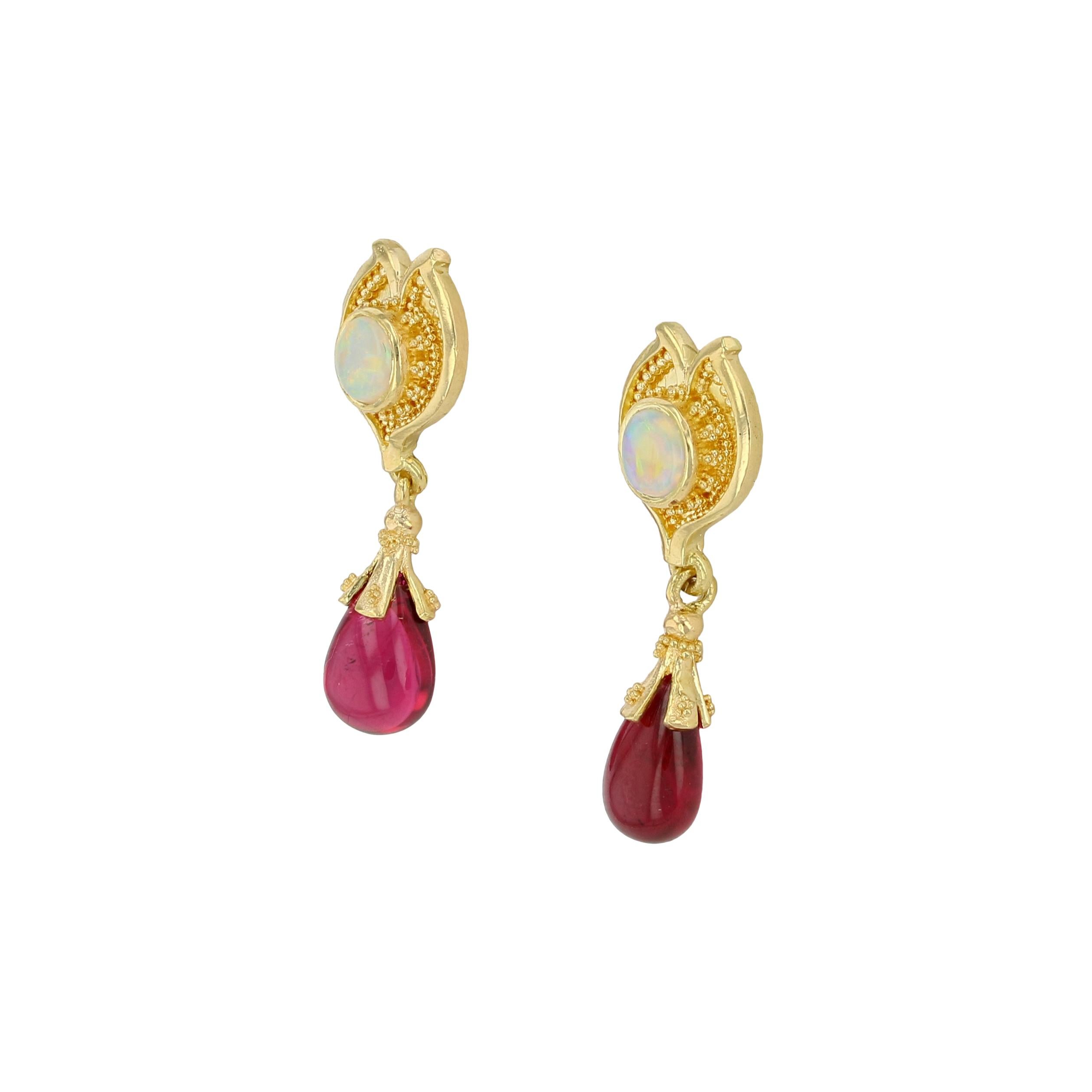 Kent Raible 18 Karat Gold Australian Opal and Rubellite Earrings, Granulation In New Condition For Sale In Mossrock, WA