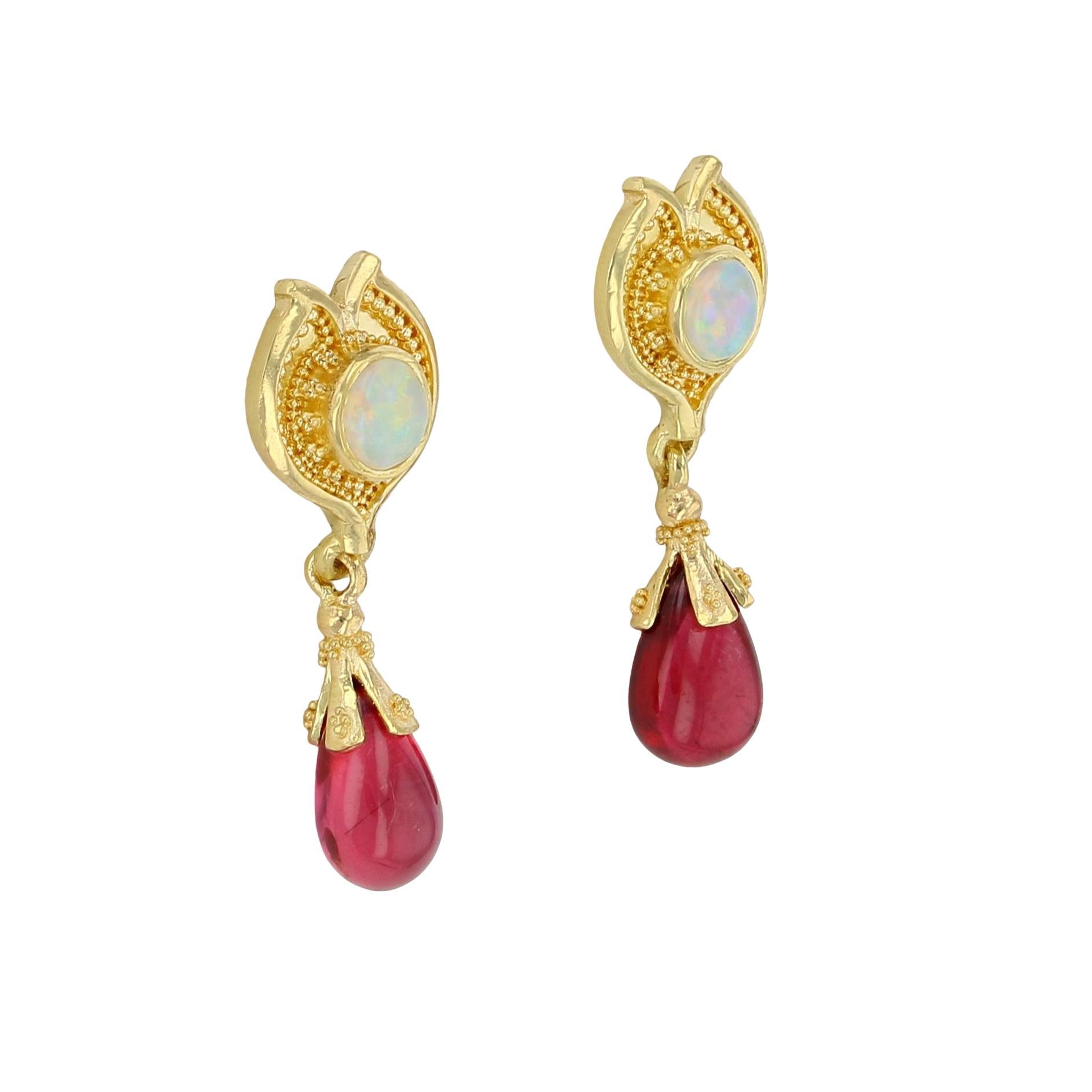 Women's or Men's Kent Raible 18 Karat Gold Australian Opal and Rubellite Earrings, Granulation For Sale