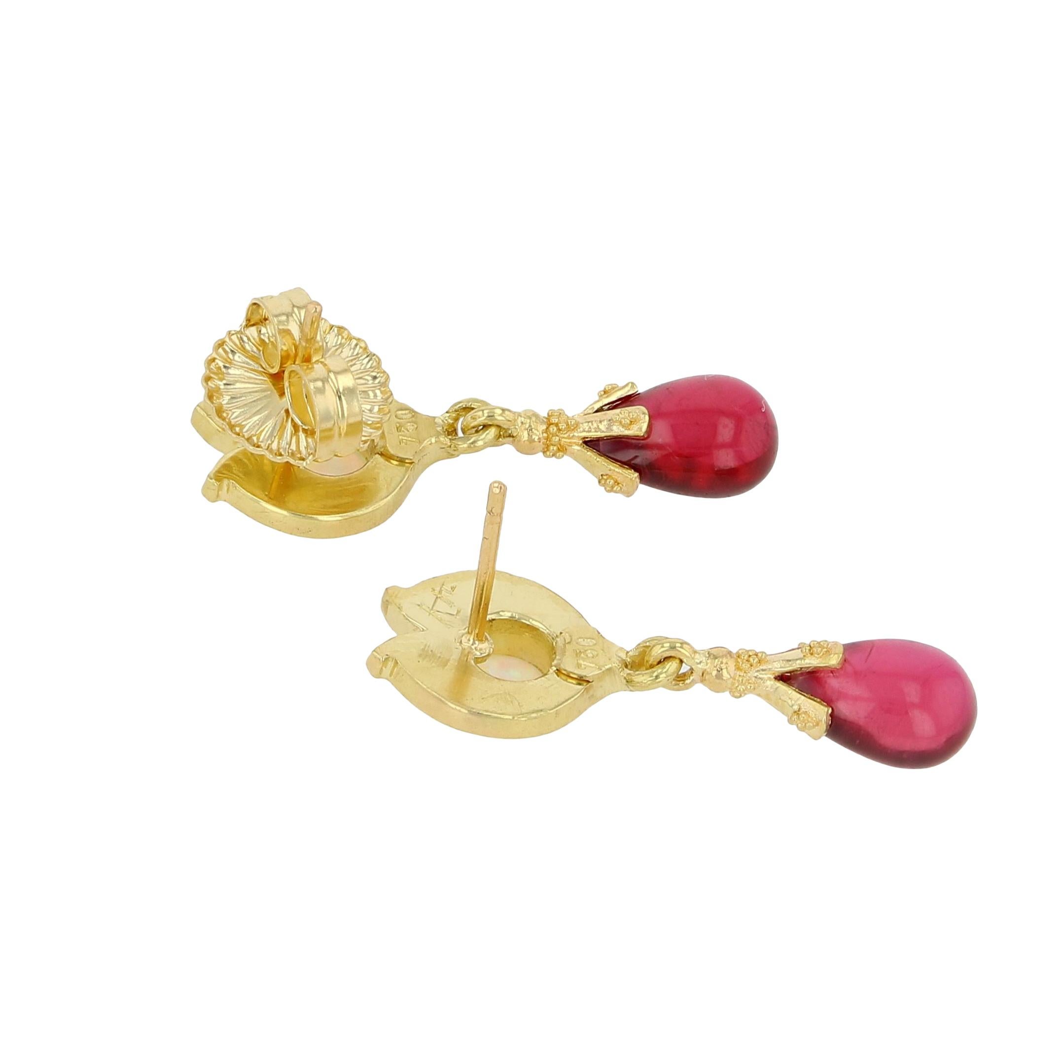 Kent Raible 18 Karat Gold Australian Opal and Rubellite Earrings, Granulation For Sale 2