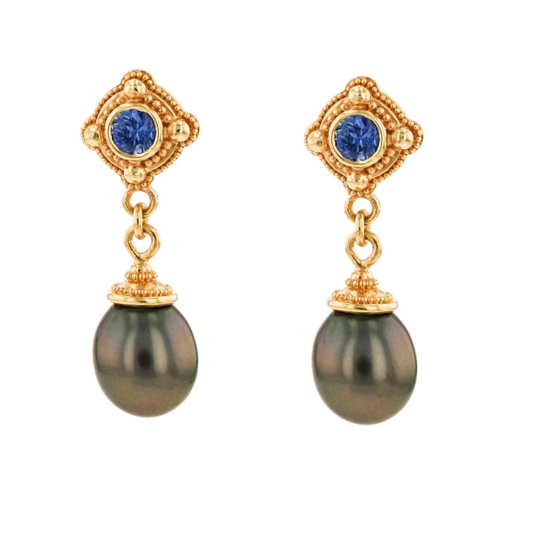 Artisan Kent Raible 18 Karat Gold Blue Sapphire and Black Pearl Dangle Earrings For Sale