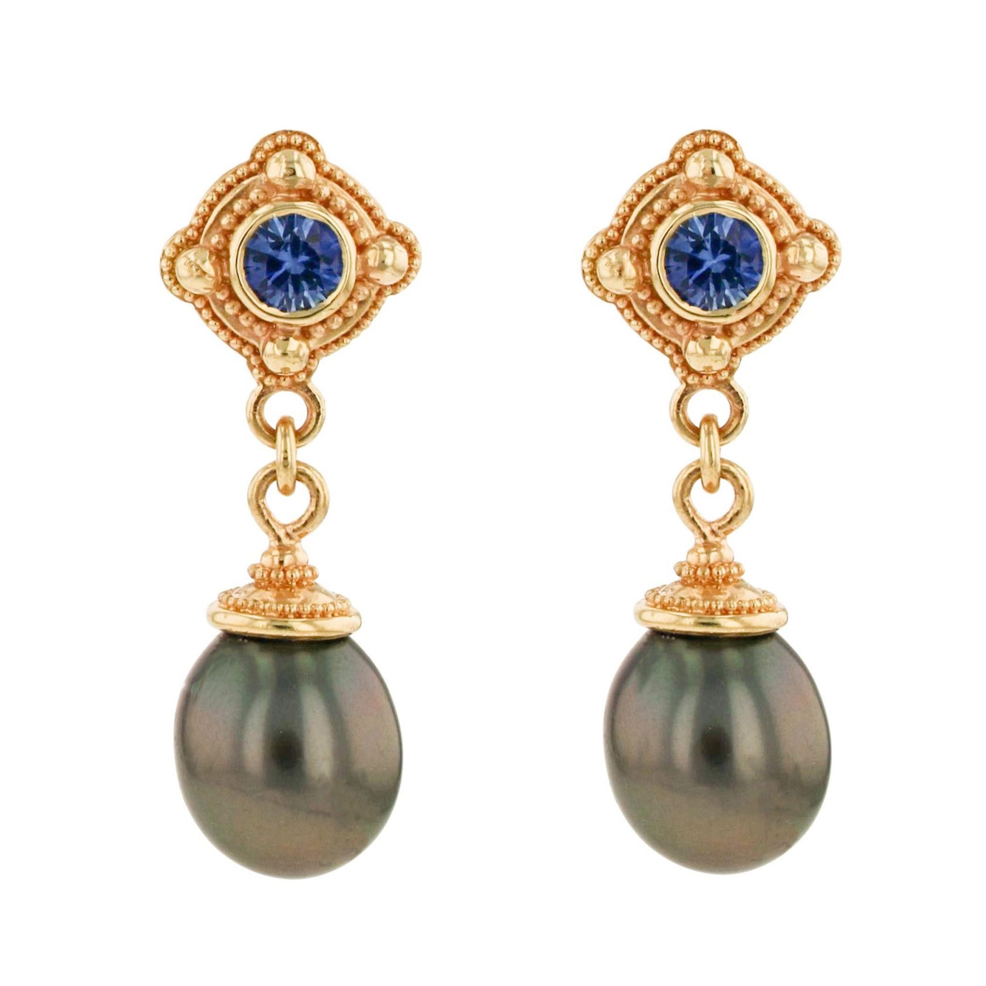 Kent Raible 18 Karat Gold Blue Sapphire and Black Pearl Dangle Earrings