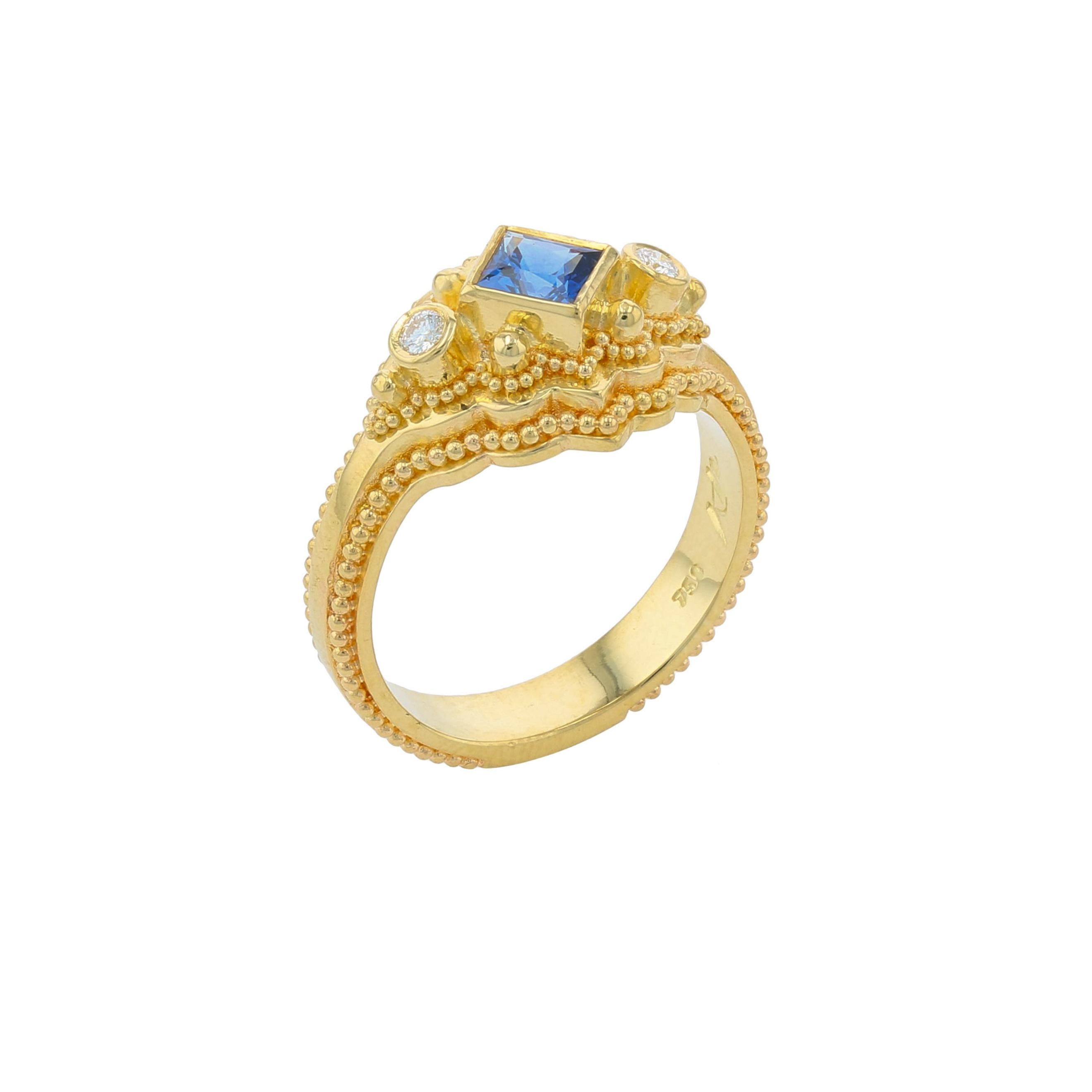 Artisan Kent Raible 18 Karat Gold Blue Sapphire and Diamond Cocktail Ring, Granulation