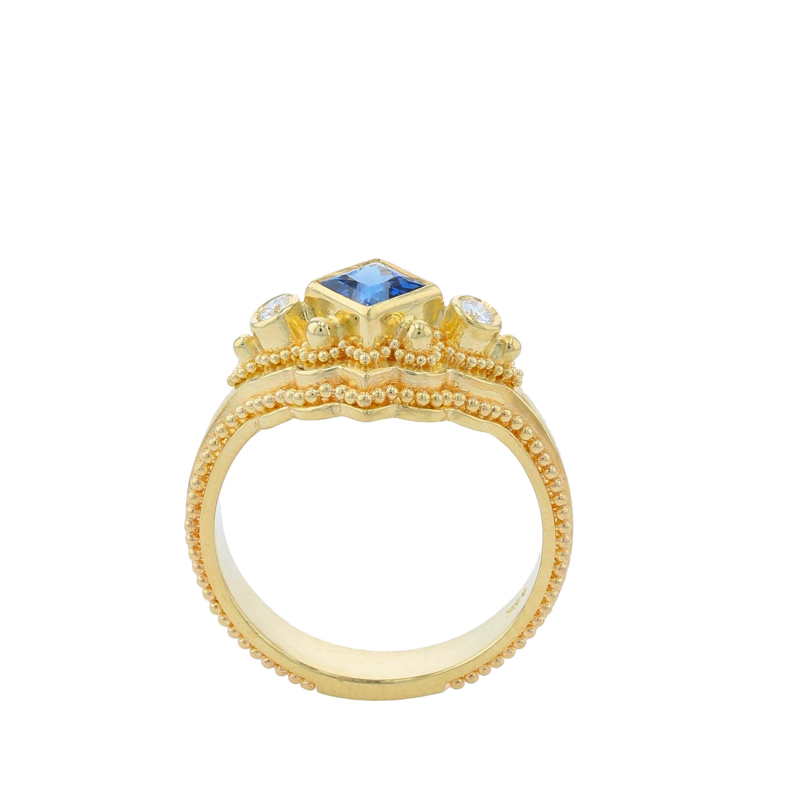 Princess Cut Kent Raible 18 Karat Gold Blue Sapphire and Diamond Cocktail Ring, Granulation
