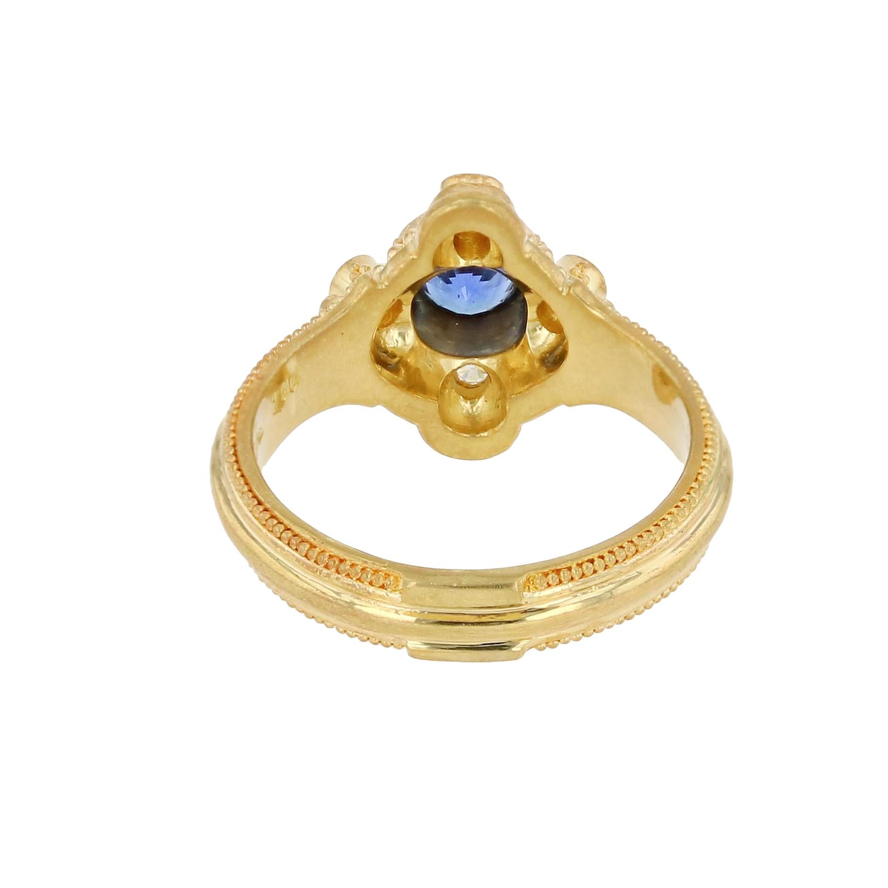 Kent Raible 18 Karat Gold Blue Sapphire and Diamond Ring with Fine Granulation In New Condition For Sale In Mossrock, WA