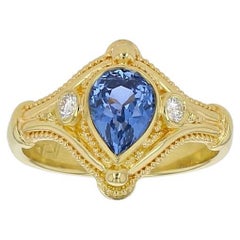 Kent Raible 18 karat Gold Blue Sapphire and Diamond Ring with Fine Granulation