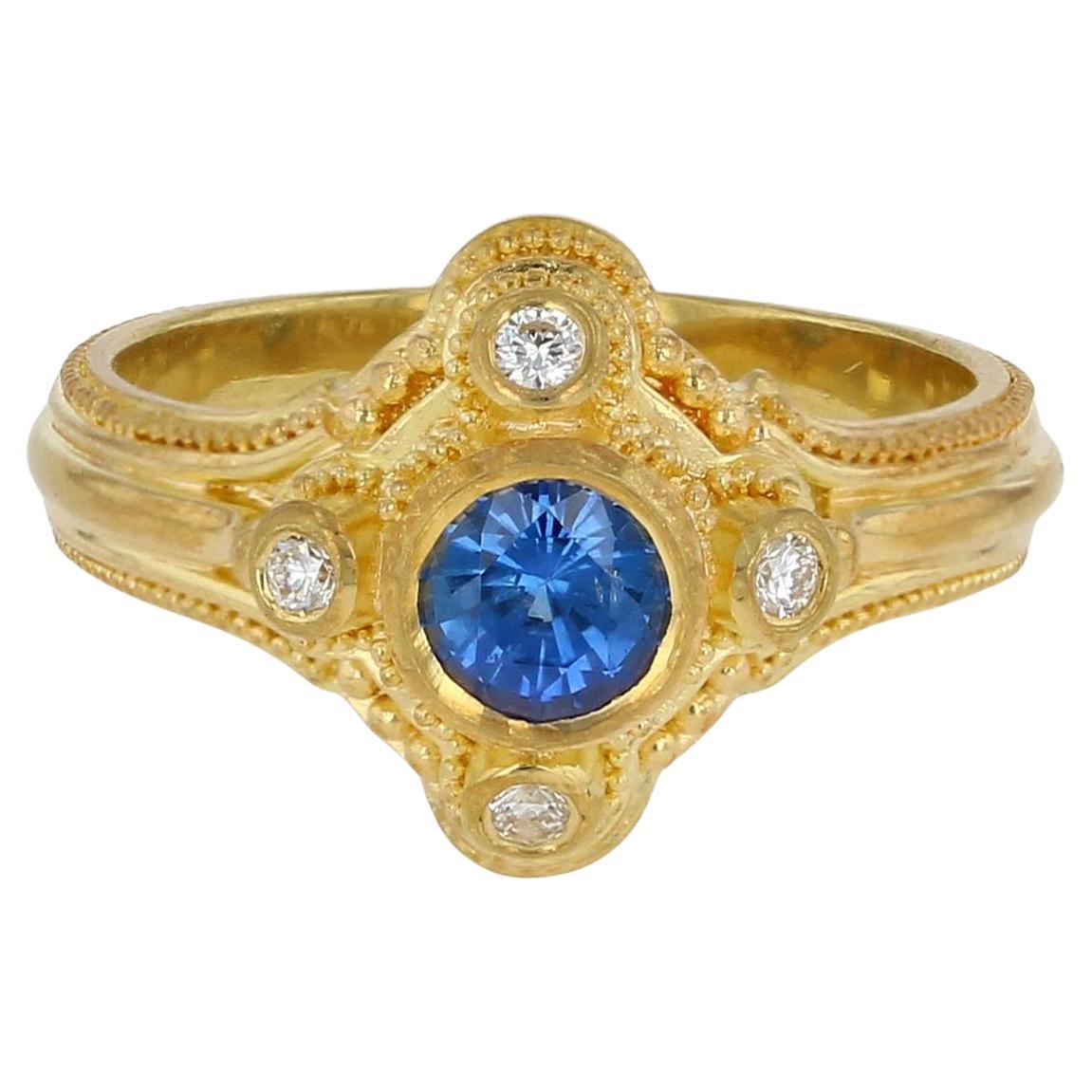 Kent Raible 18 Karat Gold Blue Sapphire and Diamond Ring with Fine Granulation For Sale