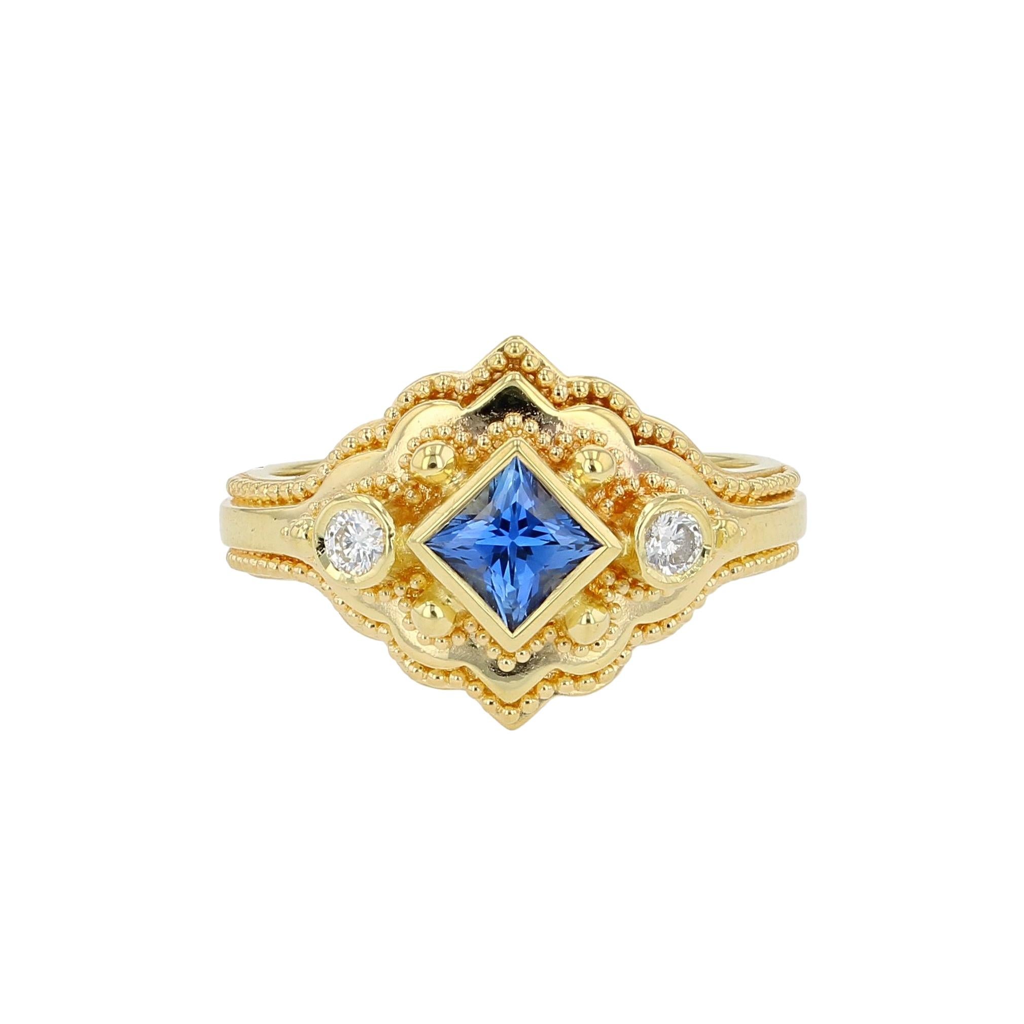 Artisan Kent Raible 18 Karat Gold Blue Sapphire Cocktail Ring with Granulation For Sale