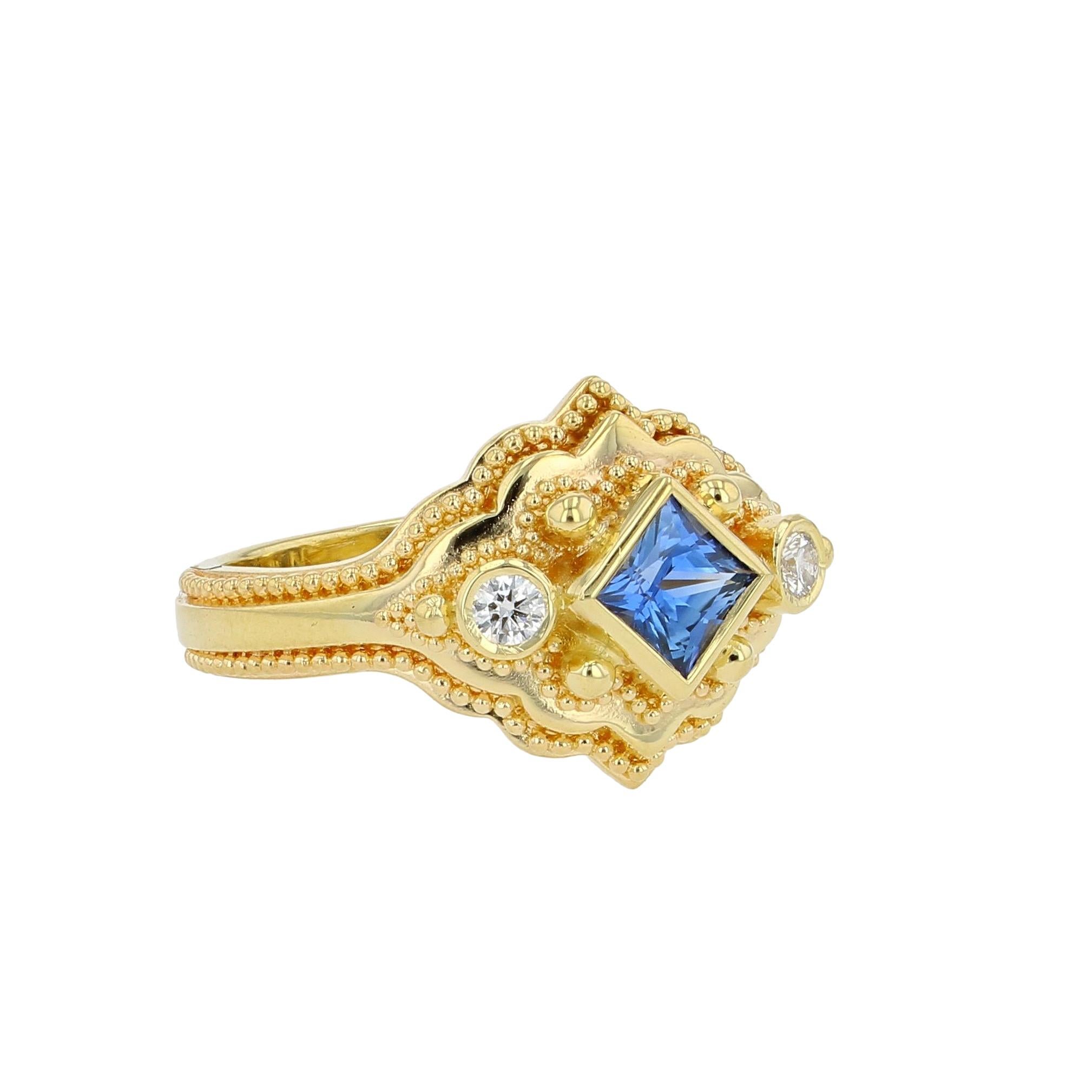 Princess Cut Kent Raible 18 Karat Gold Blue Sapphire Cocktail Ring with Granulation For Sale