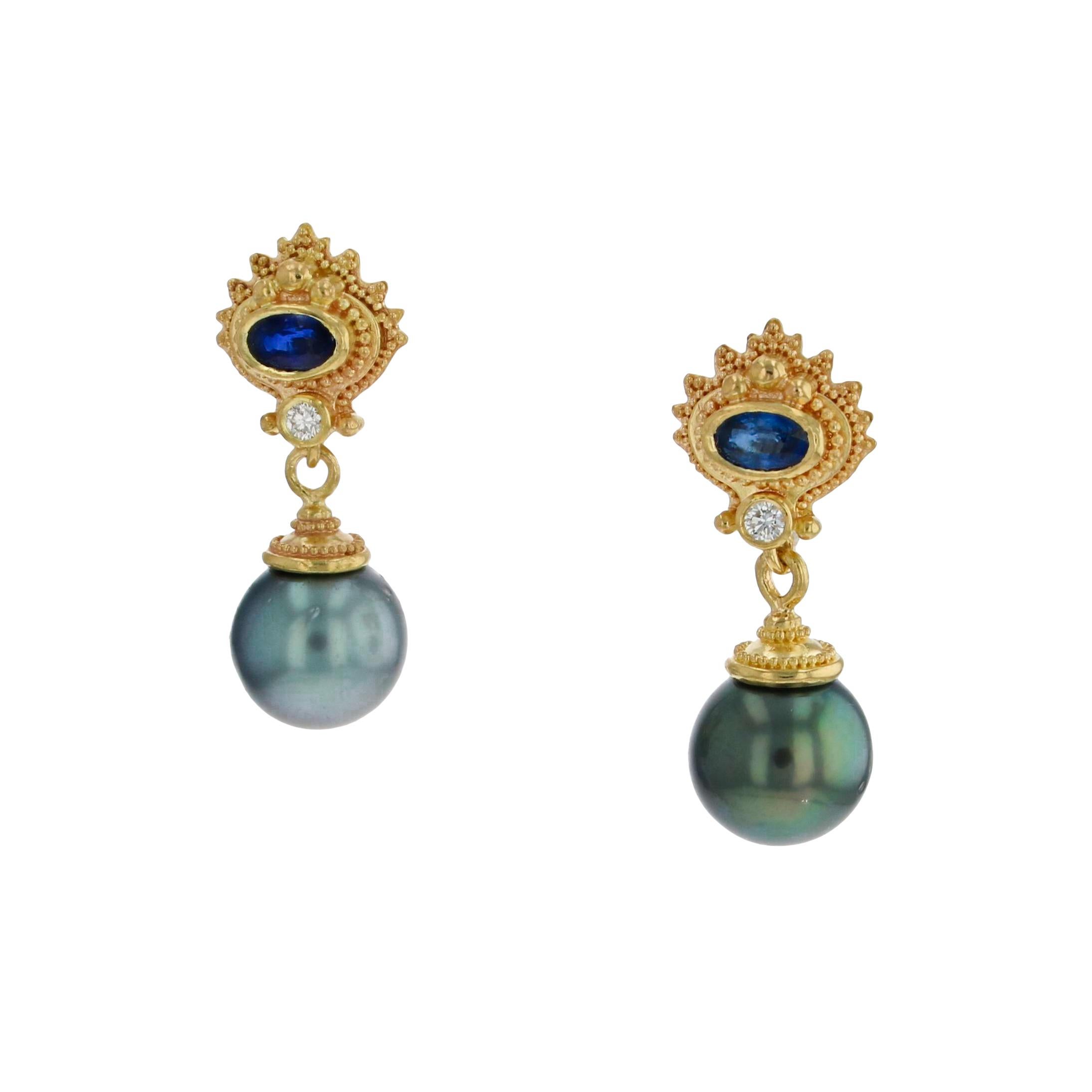 Artisan Kent Raible 18 Karat Gold Blue Sapphire, Diamond and Black Pearl Drop Earrings