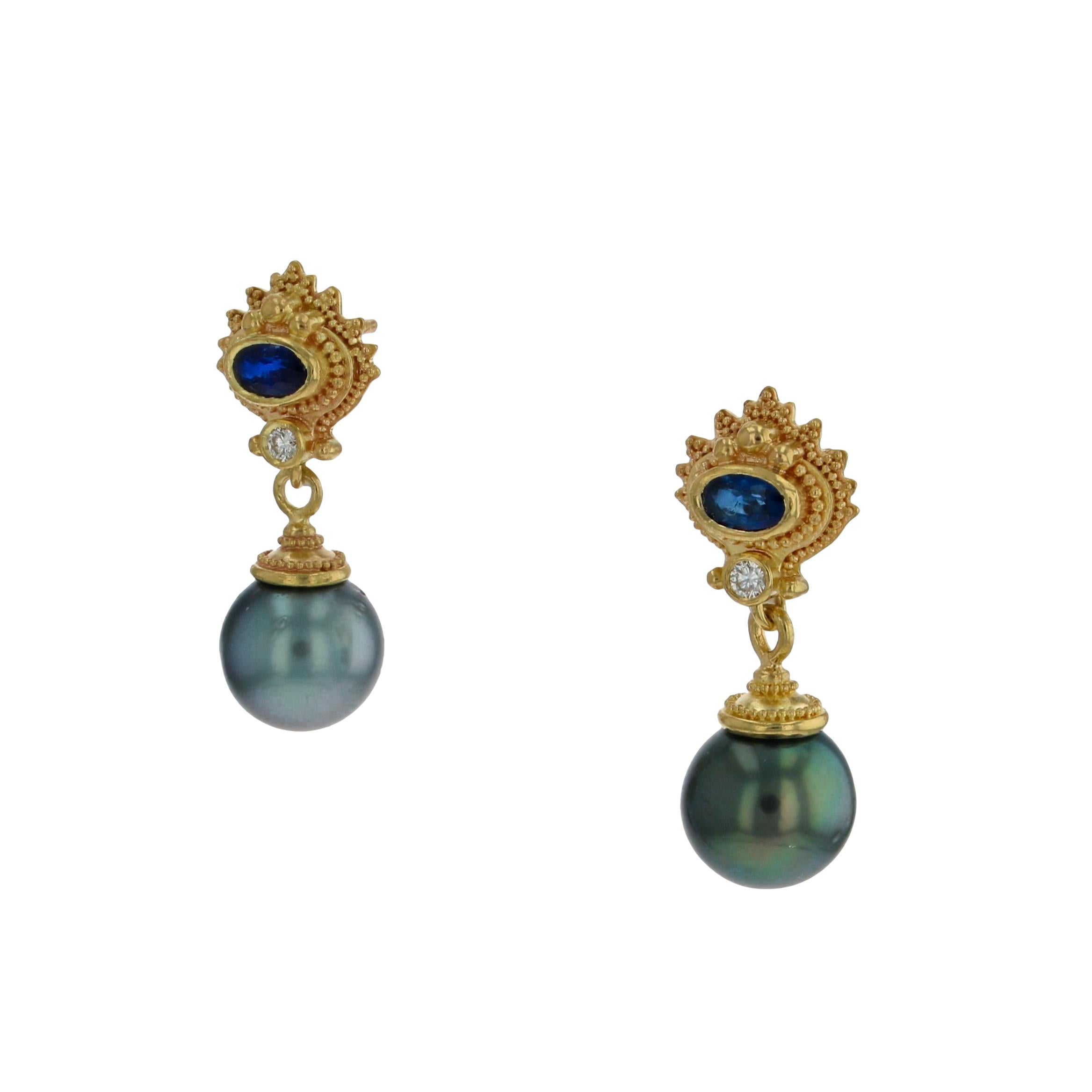 Mixed Cut Kent Raible 18 Karat Gold Blue Sapphire, Diamond and Black Pearl Drop Earrings