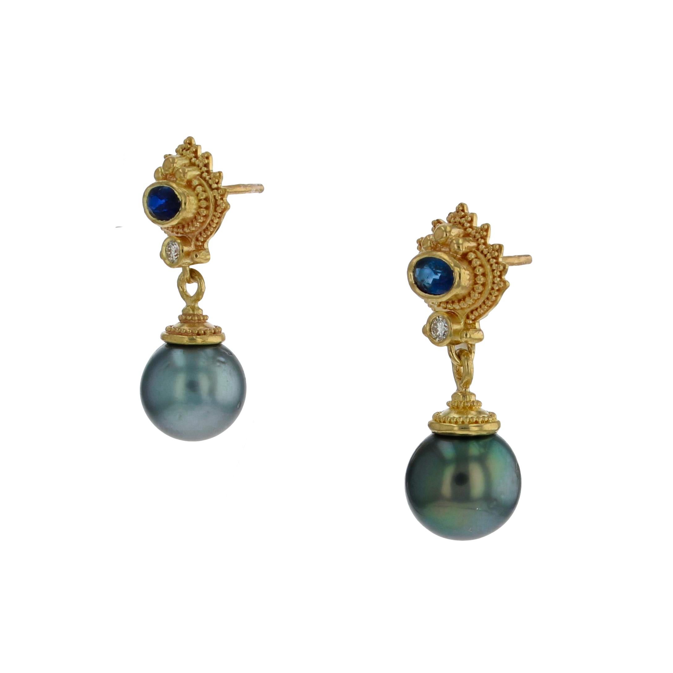 Women's or Men's Kent Raible 18 Karat Gold Blue Sapphire, Diamond and Black Pearl Drop Earrings