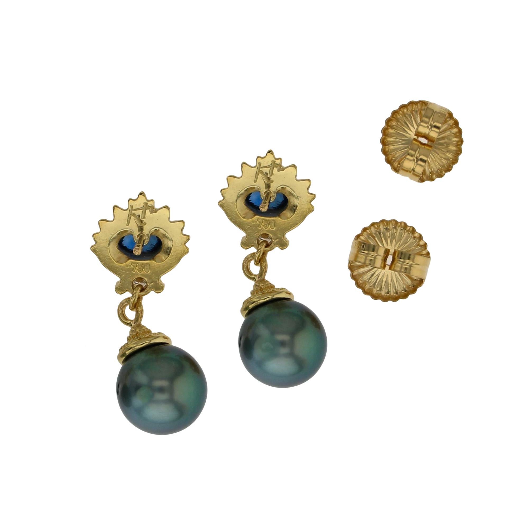 Kent Raible 18 Karat Gold Blue Sapphire, Diamond and Black Pearl Drop Earrings 1