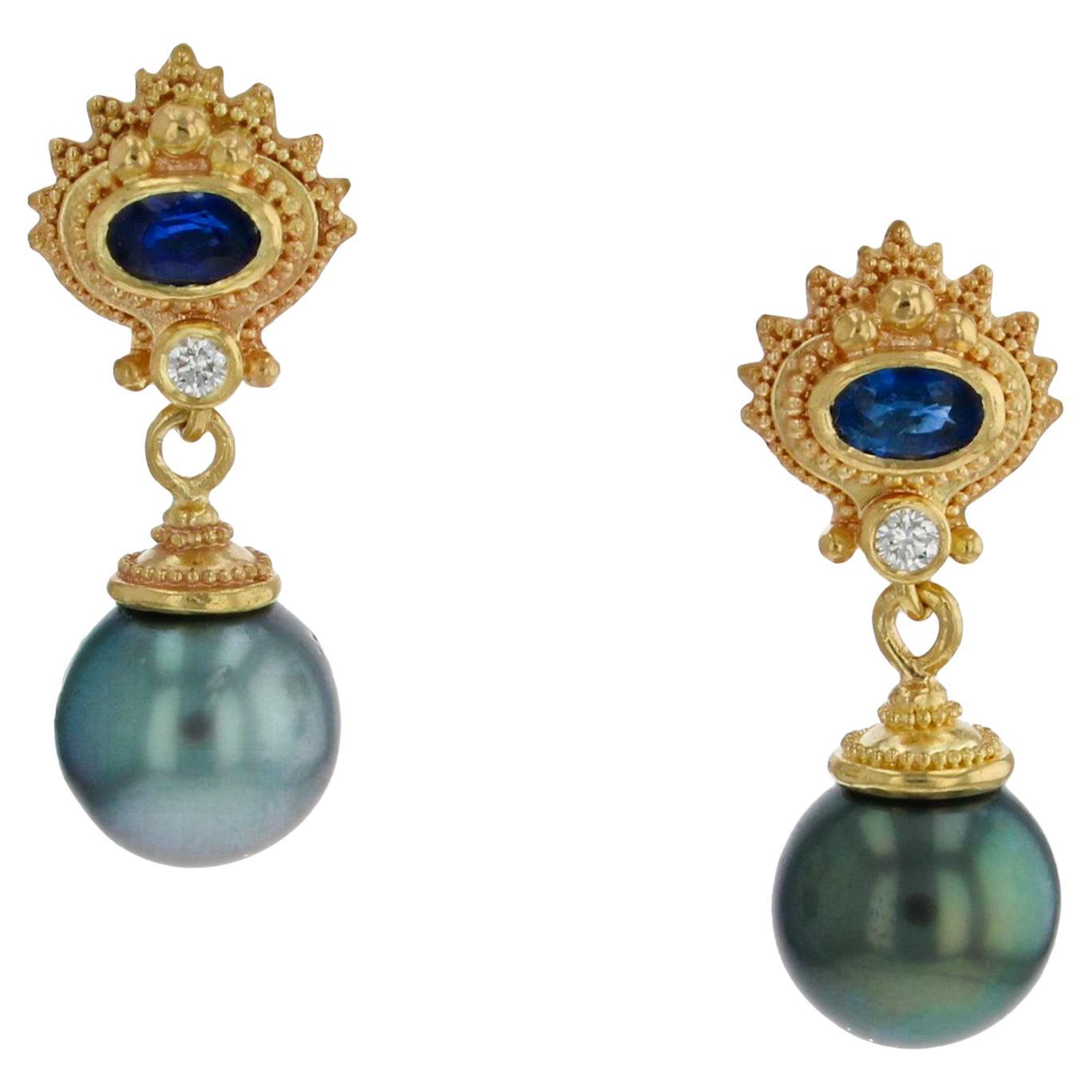 Kent Raible 18 Karat Gold Blue Sapphire, Diamond and Black Pearl Drop Earrings