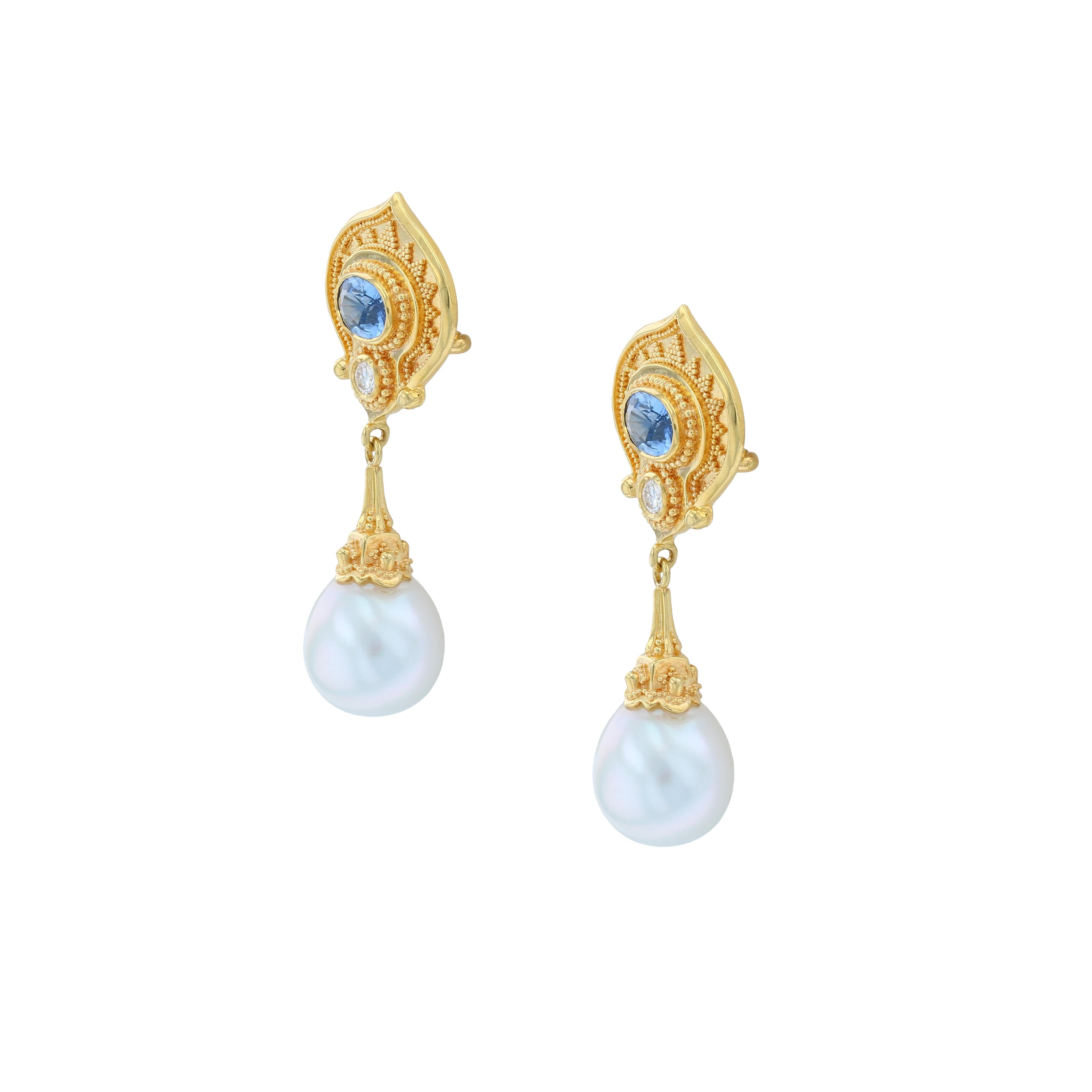 Artisan Kent Raible 18 Karat Gold Blue Sapphire, Diamond, Pearl Dangle Earrings