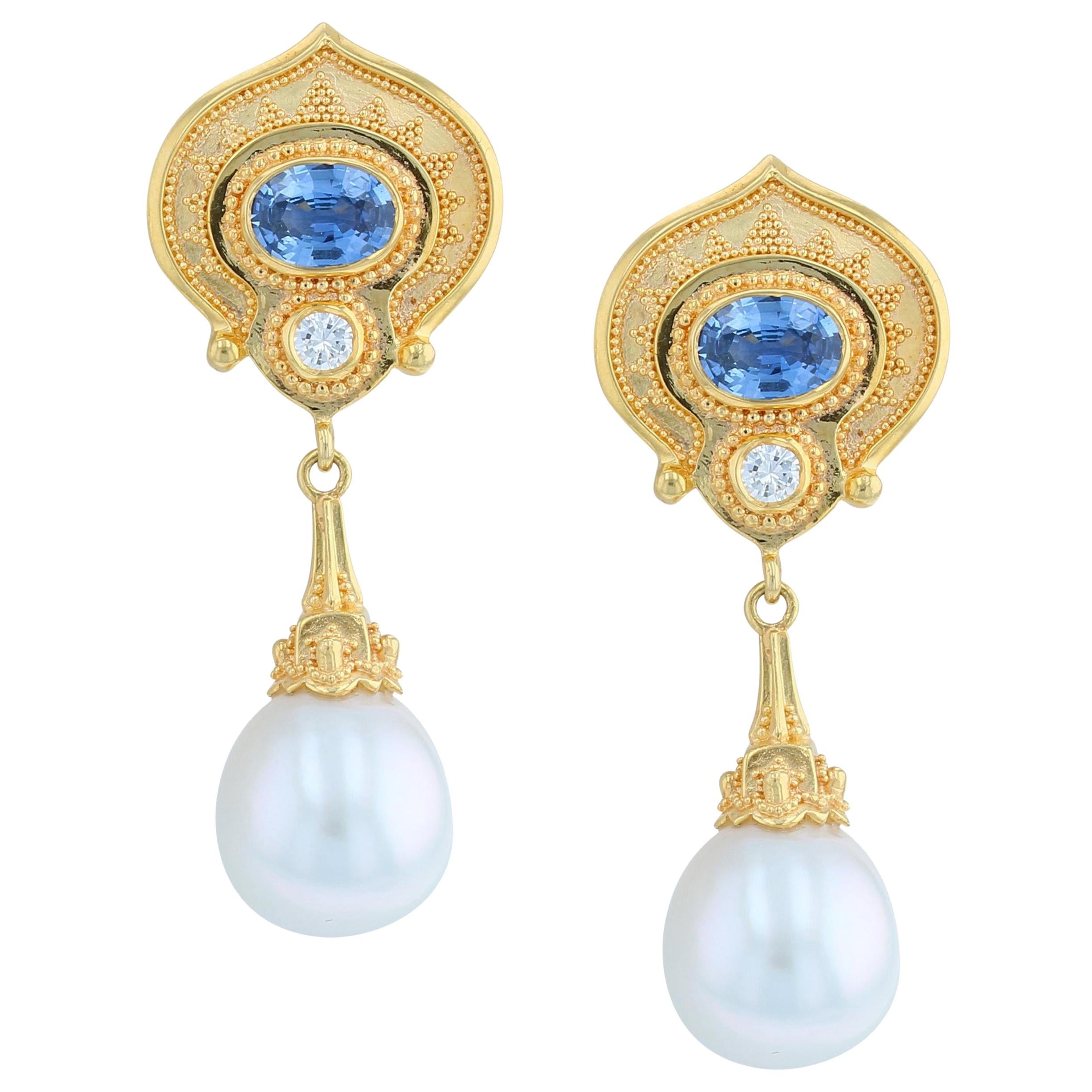 Kent Raible 18 Karat Gold Blue Sapphire, Diamond, Pearl Dangle Earrings