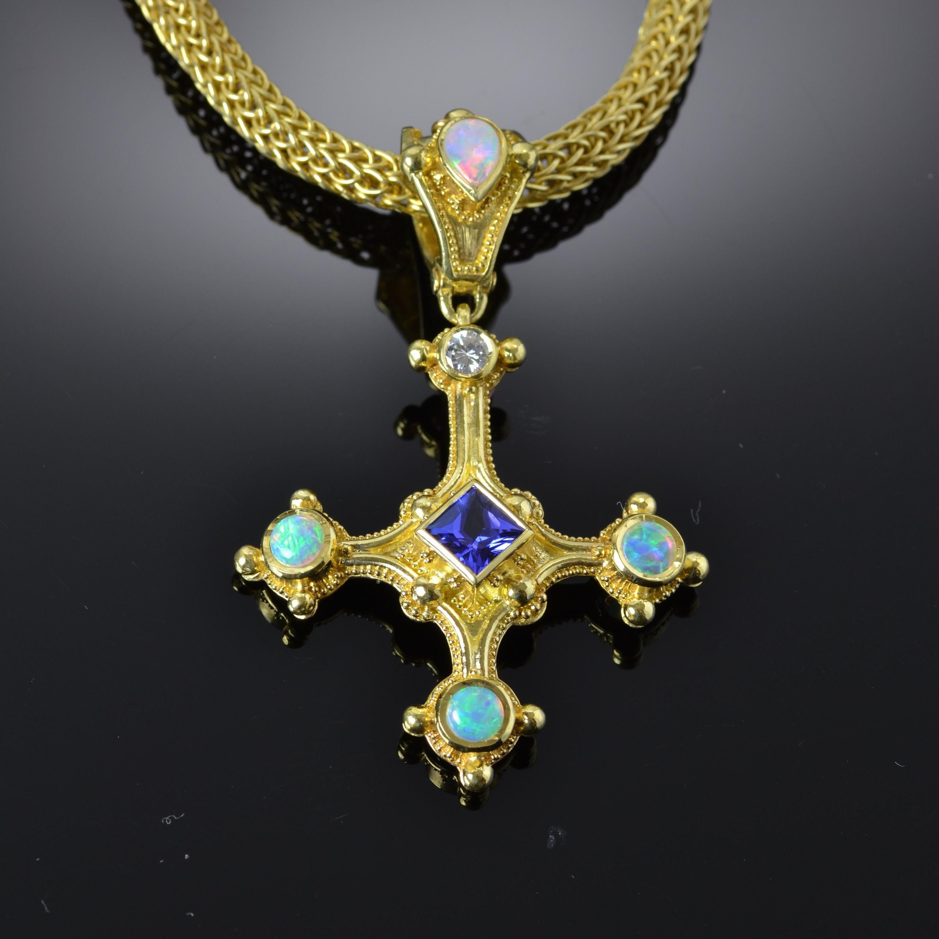 Artisan Kent Raible 18 Karat Gold Blue Sapphire, Opal Cross Pendant, Fine Granulation
