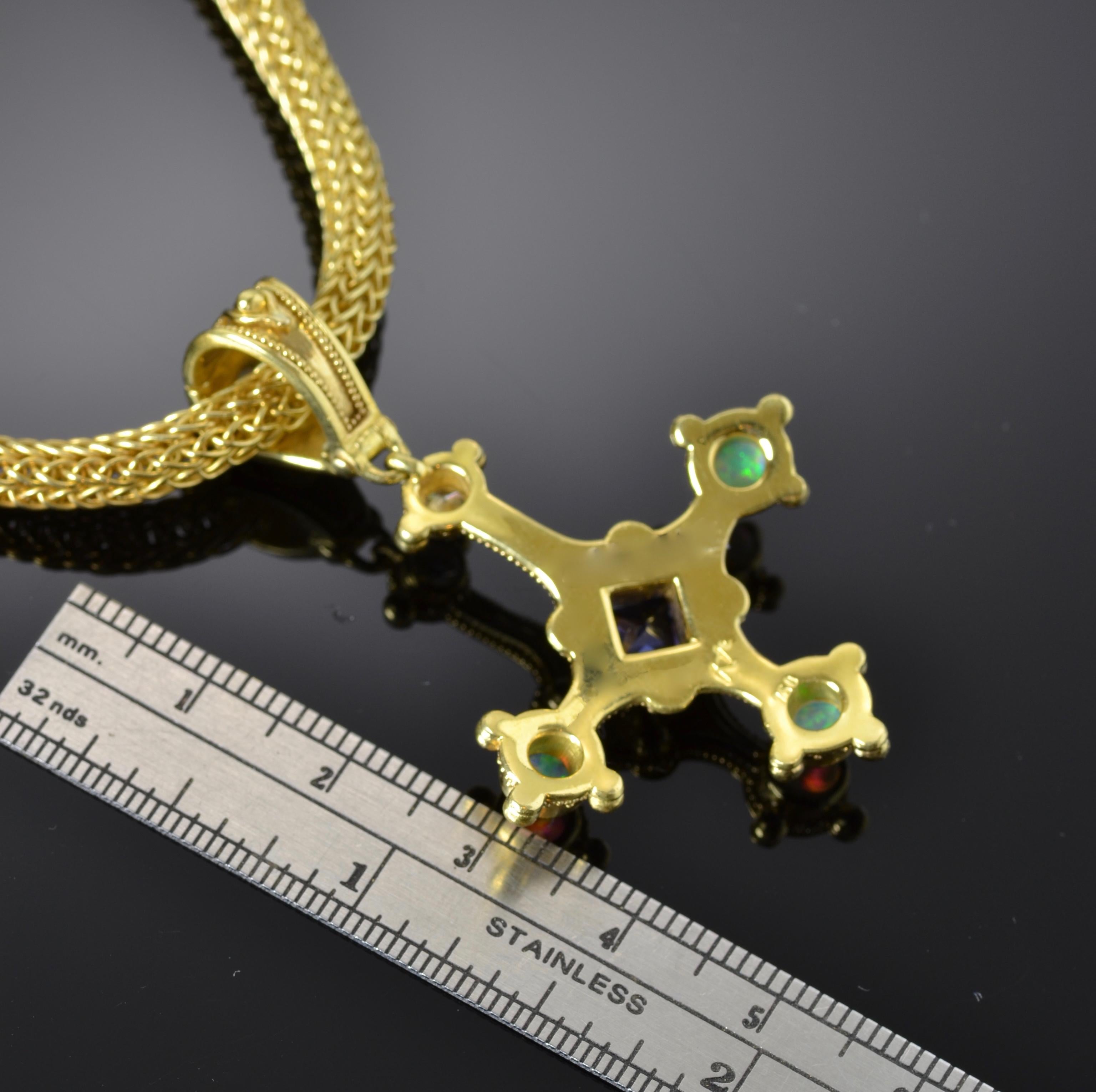 Mixed Cut Kent Raible 18 Karat Gold Blue Sapphire, Opal Cross Pendant, Fine Granulation