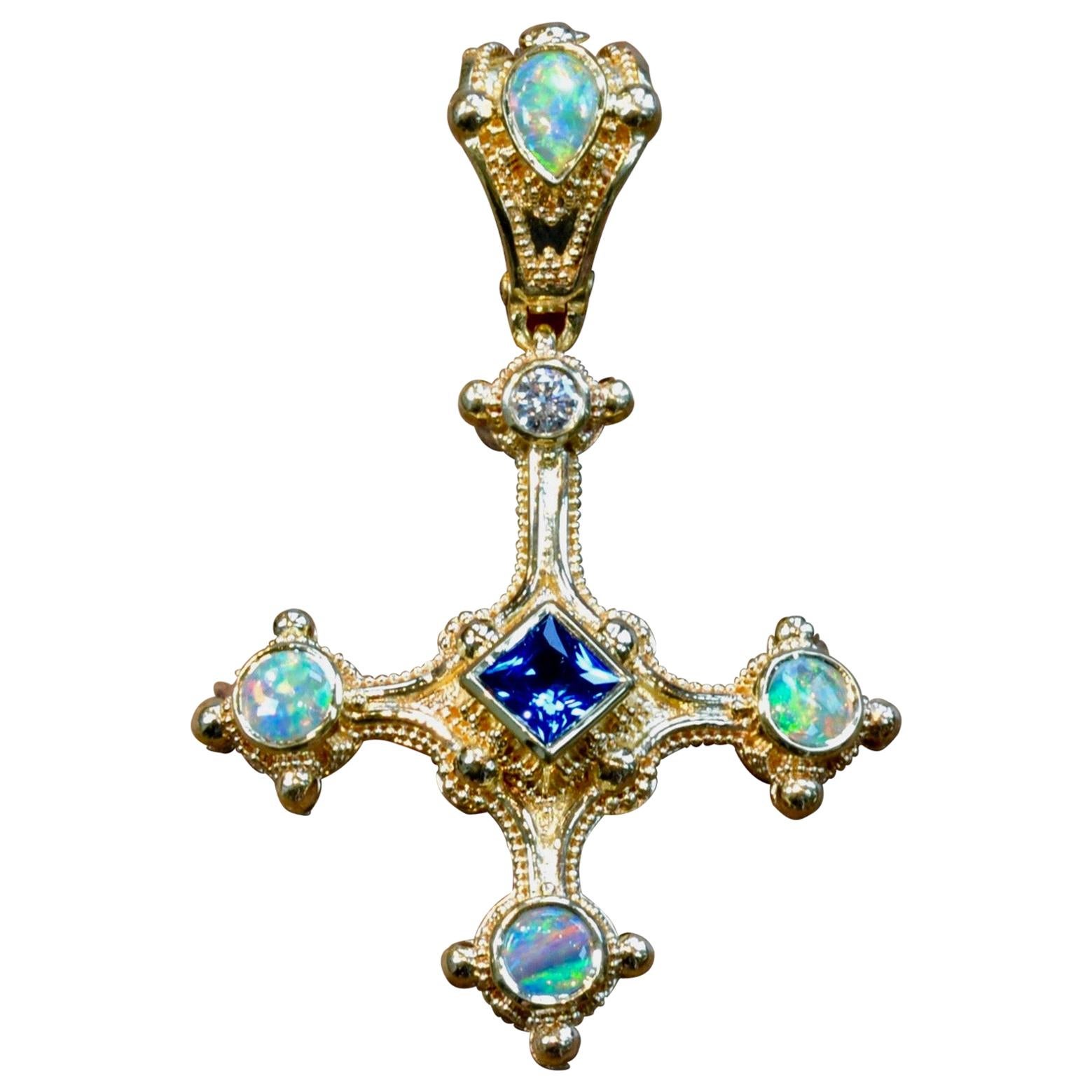 Kent Raible 18 Karat Gold Blue Sapphire, Opal Cross Pendant, Fine Granulation