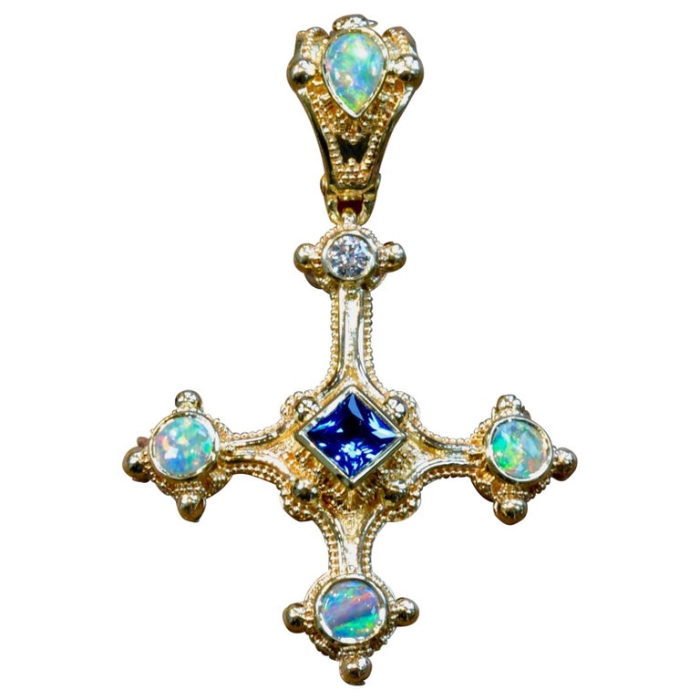 Kent Raible 18 Karat Gold Blue Sapphire, Opal Cross Pendant, Fine Granulation For Sale