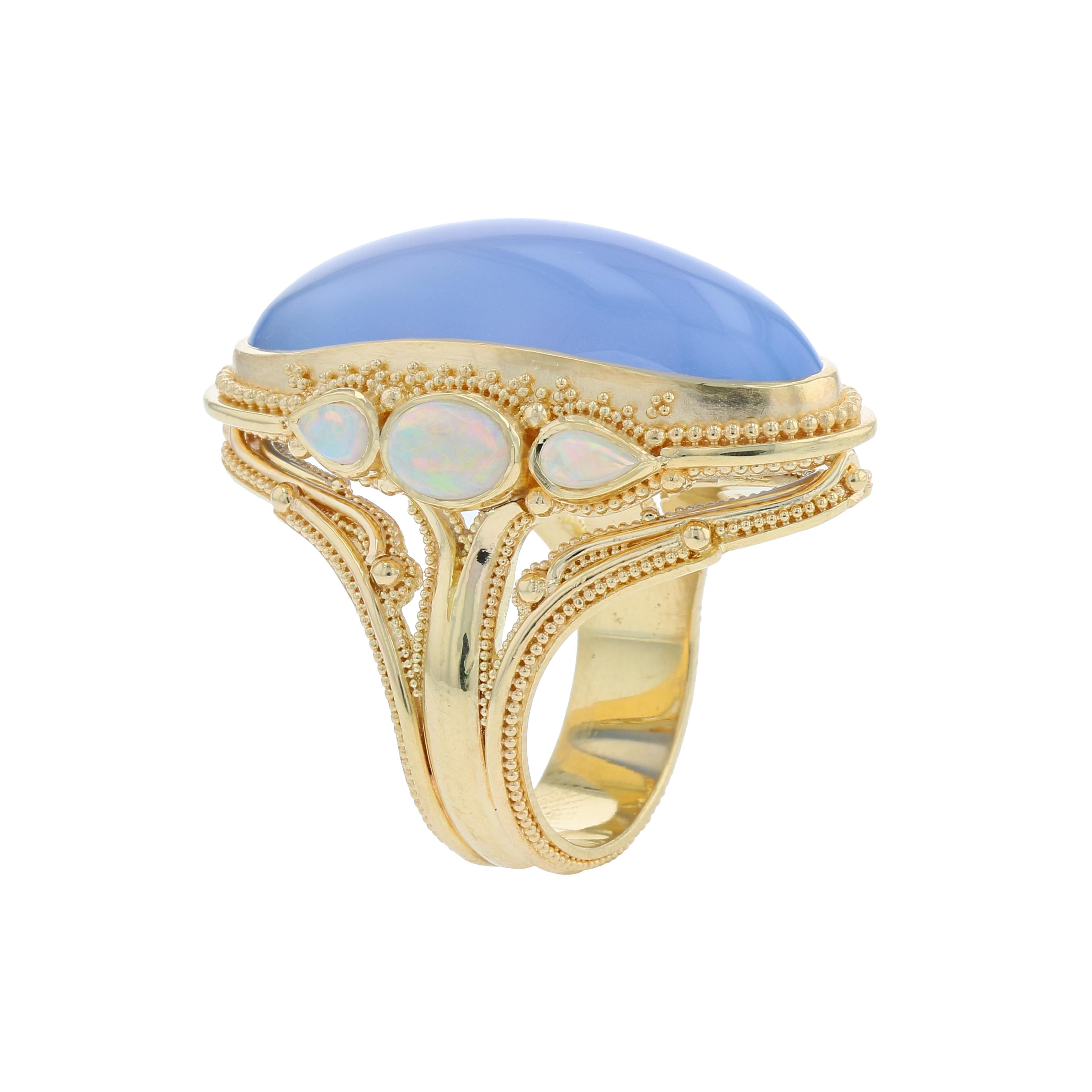 Artisan Kent Raible 18 Karat Gold Chalcedony and Opal Cocktail Ring with Granulation