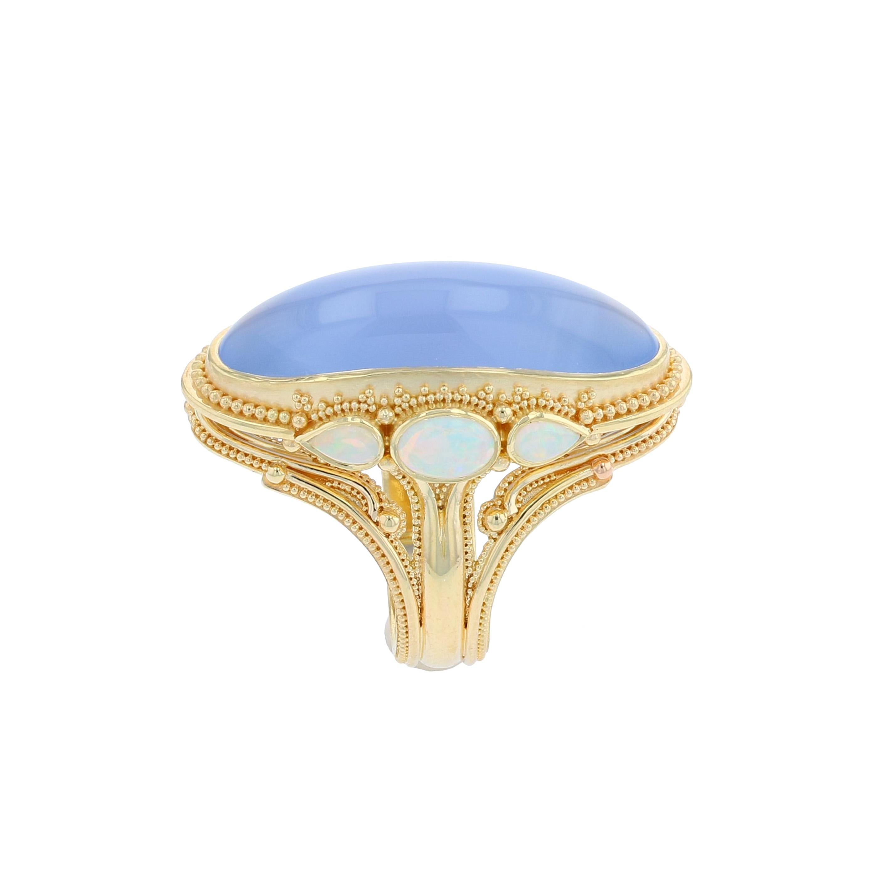 Kent Raible 18 Karat Gold Chalcedony and Opal Cocktail Ring with Granulation In New Condition In Mossrock, WA