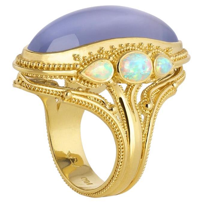 Kent Raible 18 Karat Gold Chalcedony and Opal Cocktail Ring with Granulation