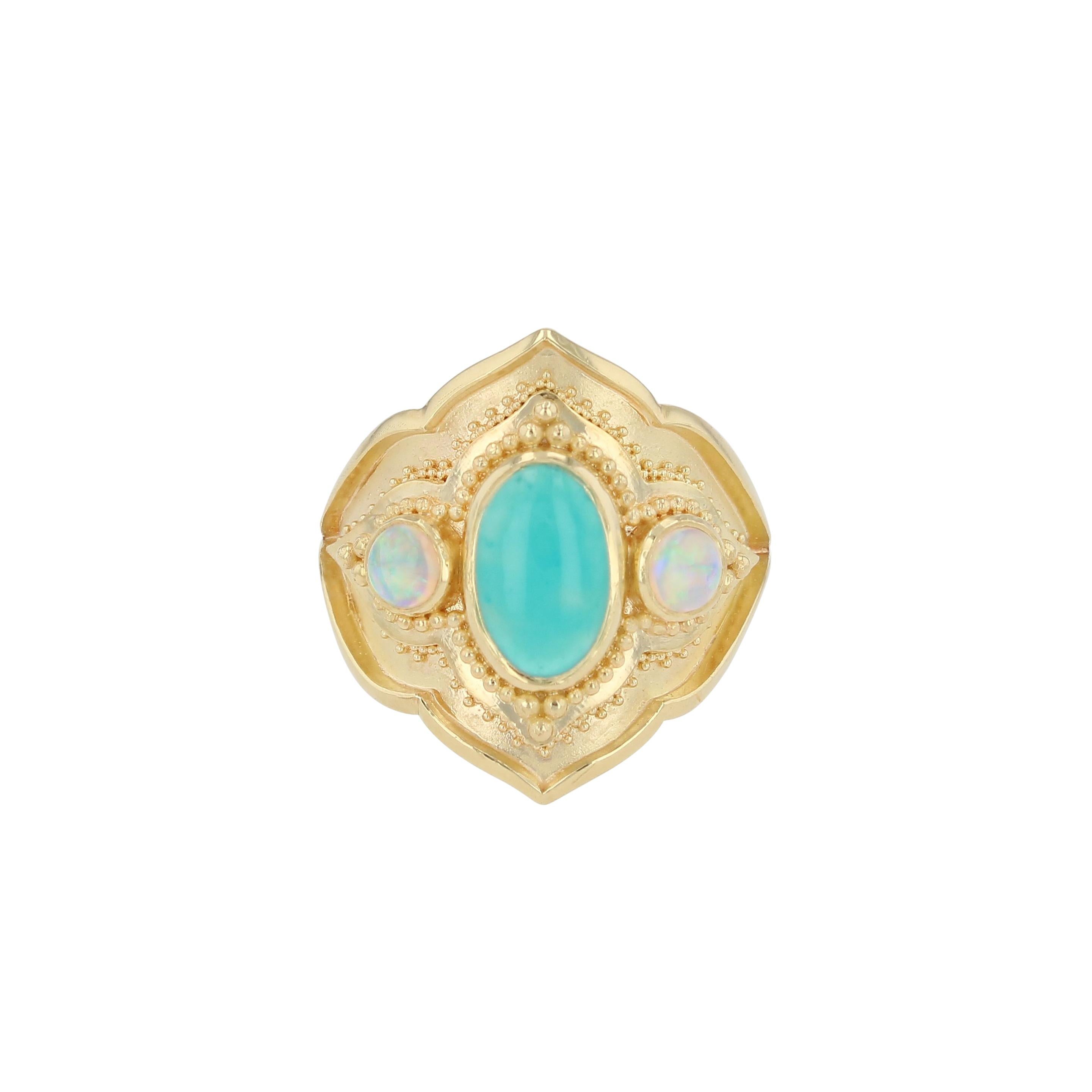 Artisan Kent Raible 18 Karat Gold Chrysocolla and Opal Cocktail Ring with Granulation For Sale