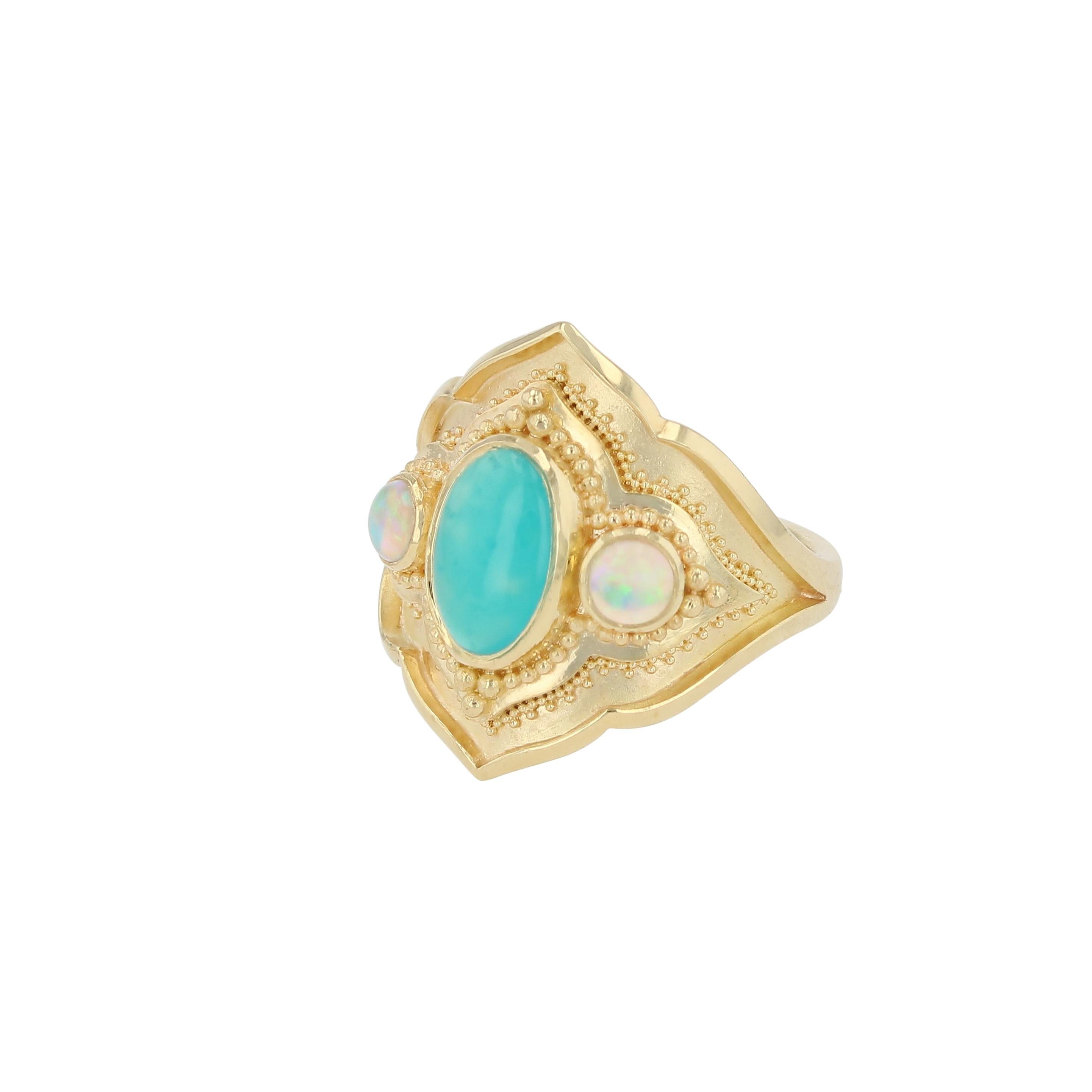 Mixed Cut Kent Raible 18 Karat Gold Chrysocolla and Opal Cocktail Ring with Granulation For Sale