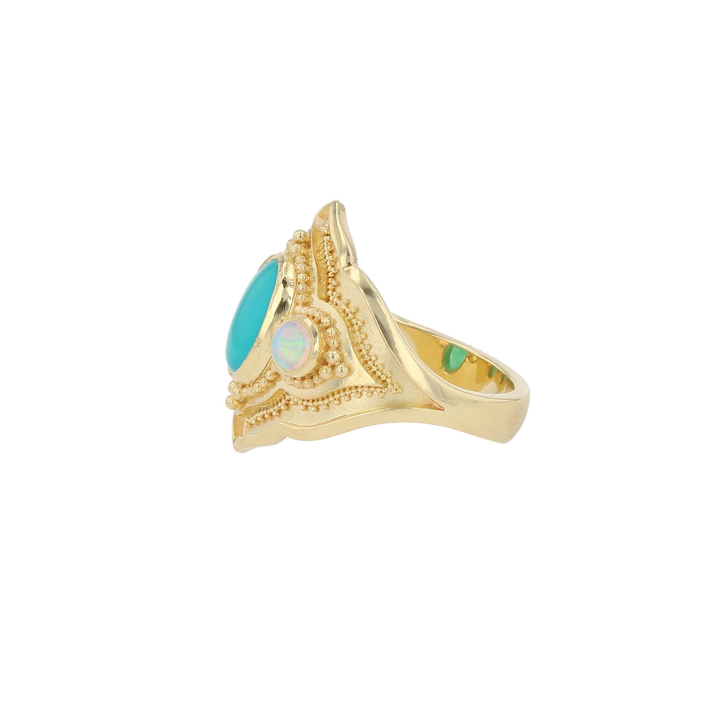 Kent Raible 18 Karat Gold Chrysocolla and Opal Cocktail Ring with Granulation In New Condition For Sale In Mossrock, WA