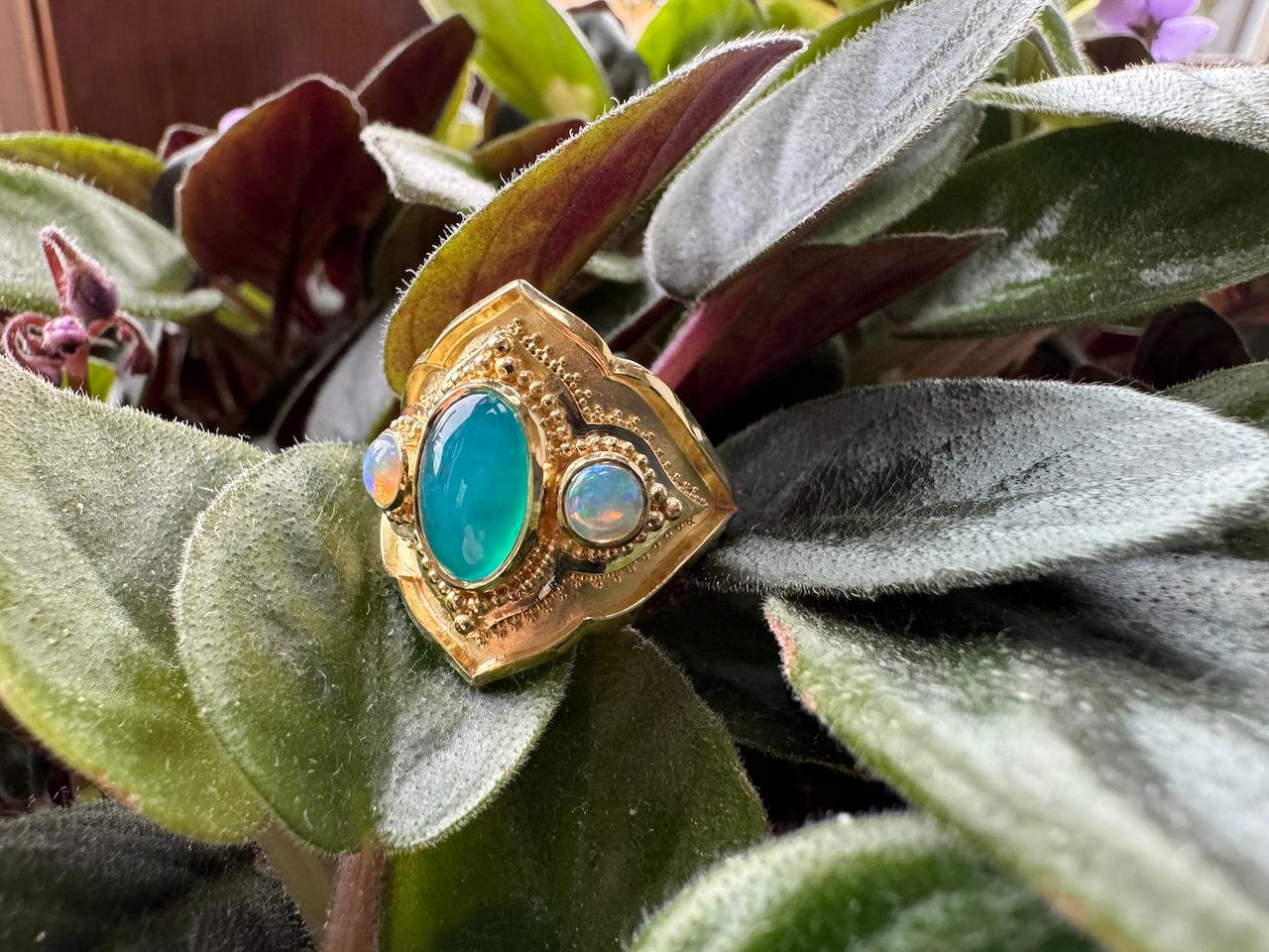 Kent Raible 18 Karat Gold Chrysocolla and Opal Cocktail Ring with Granulation For Sale 1