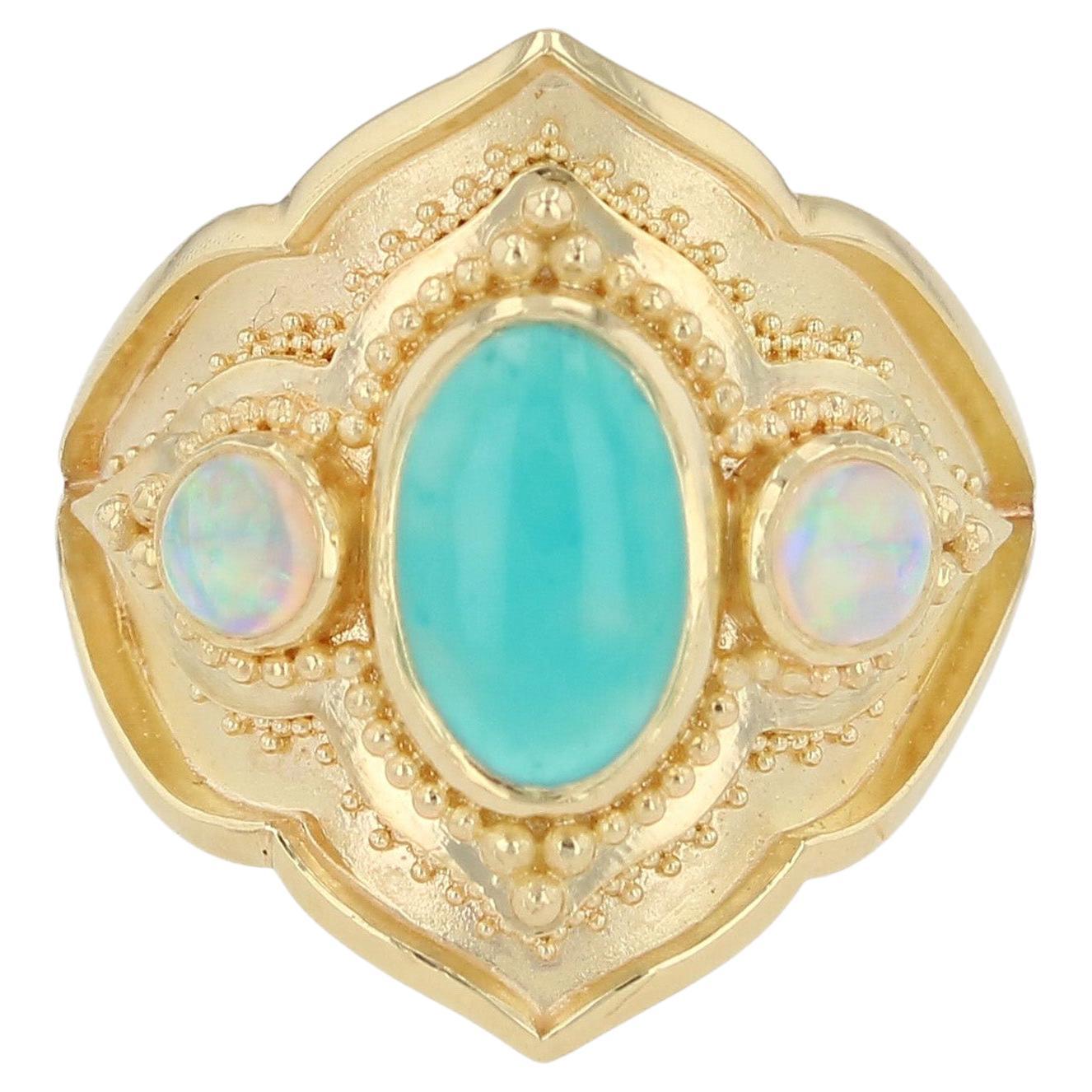Kent Raible 18 Karat Gold Chrysocolla and Opal Cocktail Ring with Granulation For Sale