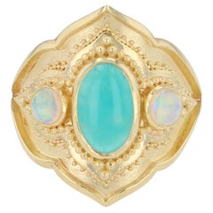 Kent Raible 18 Karat Gold Chrysocolla and Opal Cocktail Ring with Granulation