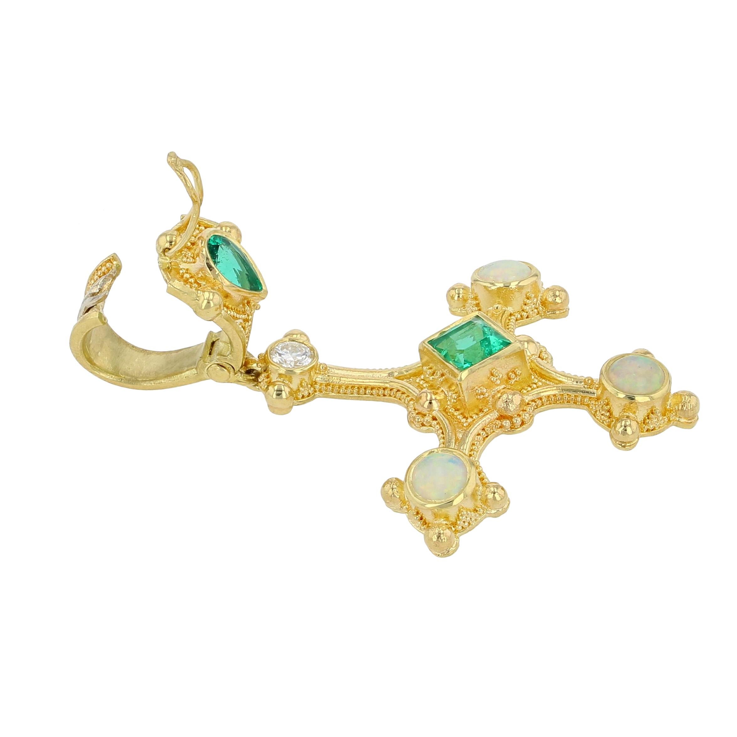 Kent Raible 18 Karat Gold Cross Pendant with Emerald, Opal, Diamond, Granulation For Sale 3