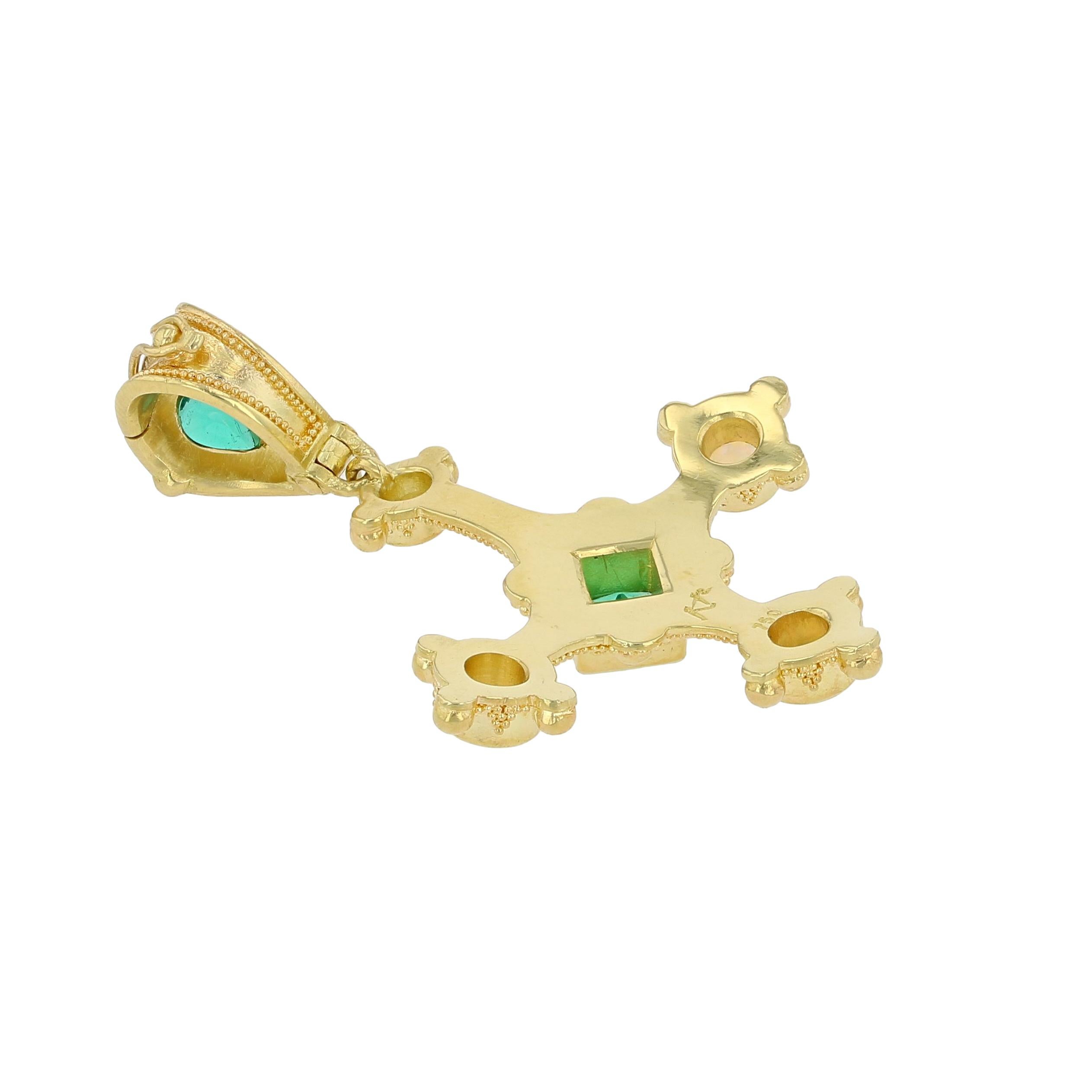 Kent Raible 18 Karat Gold Cross Pendant with Emerald, Opal, Diamond, Granulation For Sale 4