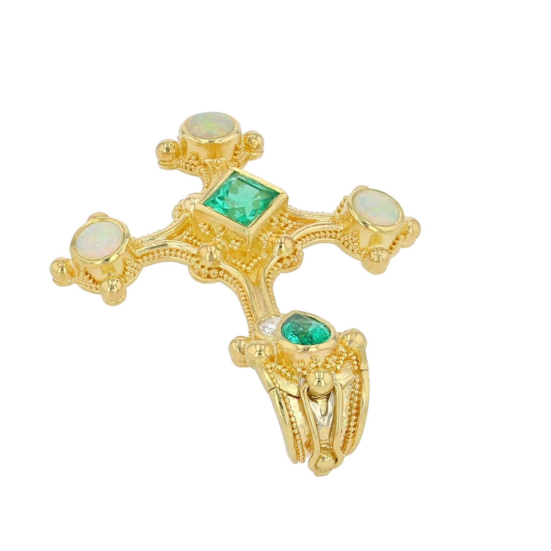 Kent Raible 18 Karat Gold Cross Pendant with Emerald, Opal, Diamond, Granulation For Sale 5