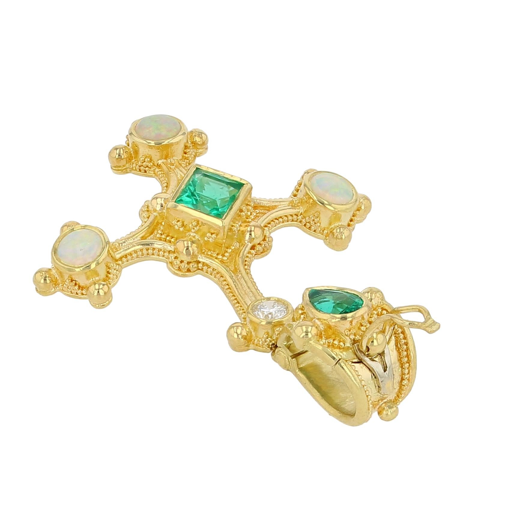 Kent Raible 18 Karat Gold Cross Pendant with Emerald, Opal, Diamond, Granulation For Sale 6
