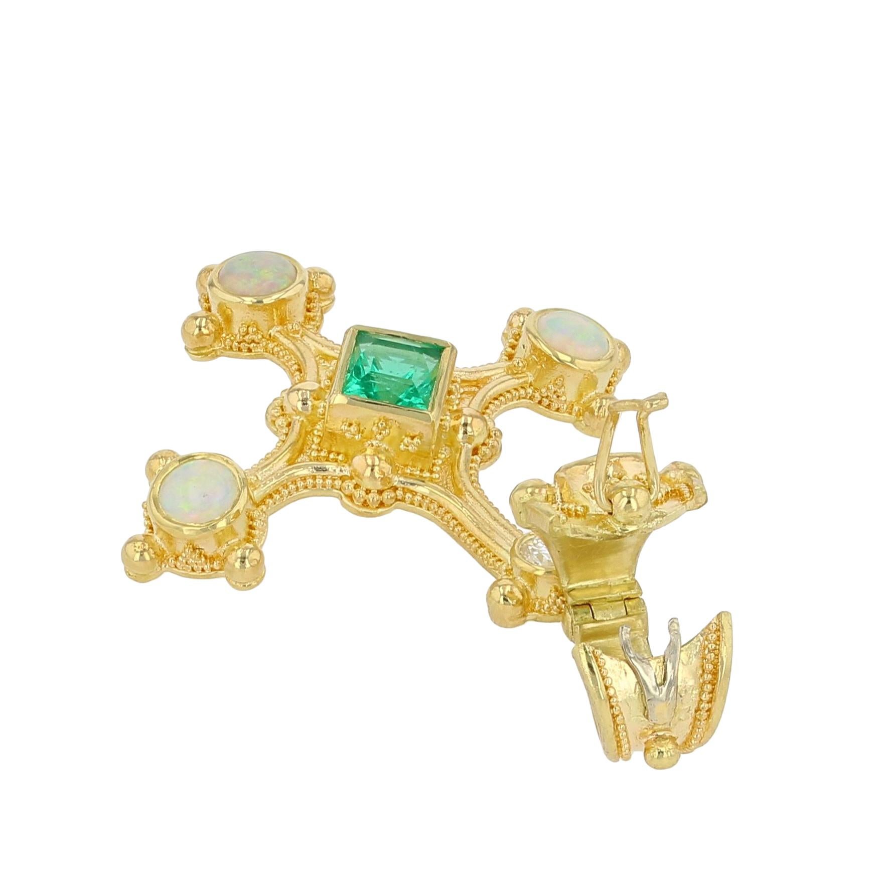 Kent Raible 18 Karat Gold Cross Pendant with Emerald, Opal, Diamond, Granulation For Sale 7
