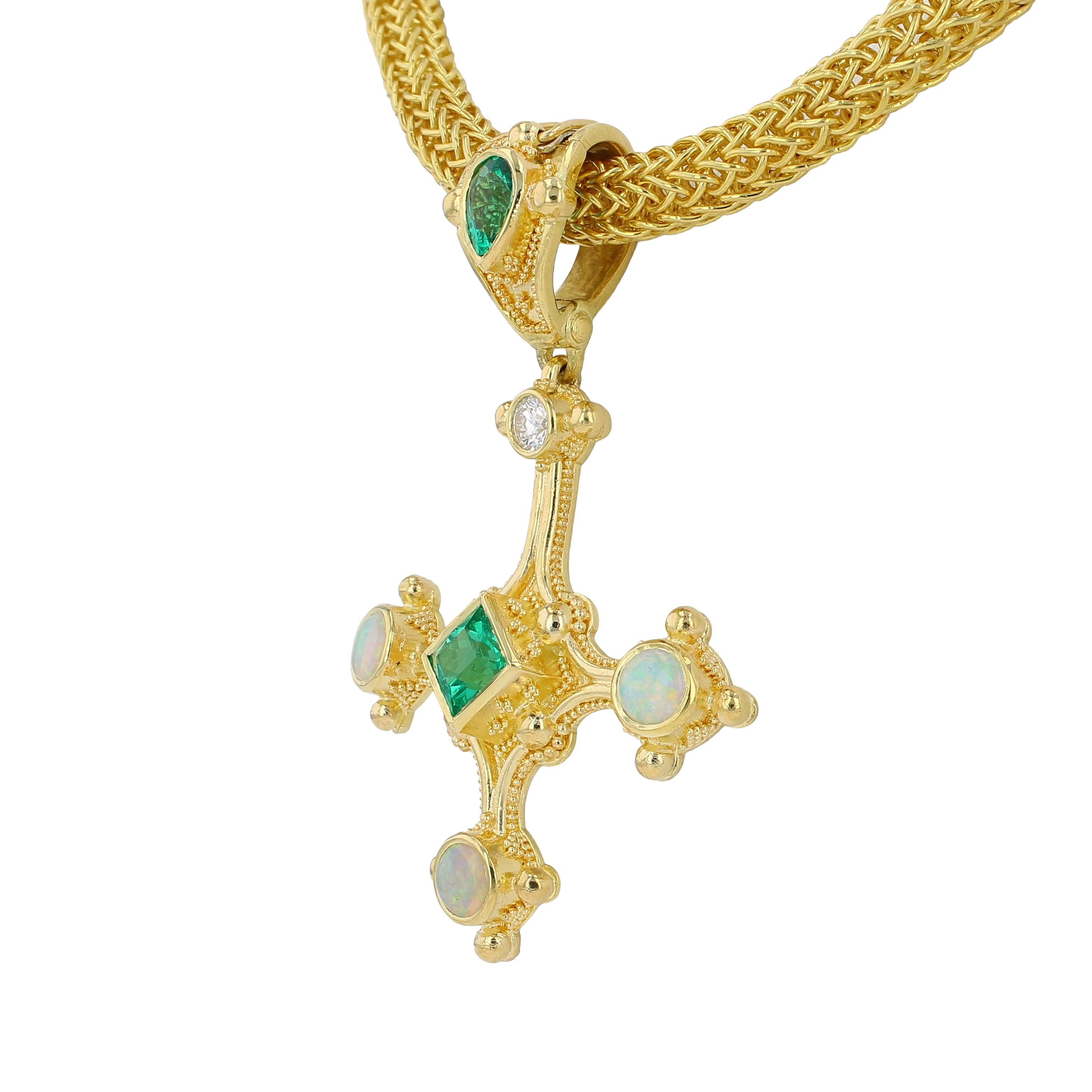 Artisan Kent Raible 18 Karat Gold Cross Pendant with Emerald, Opal, Diamond, Granulation For Sale