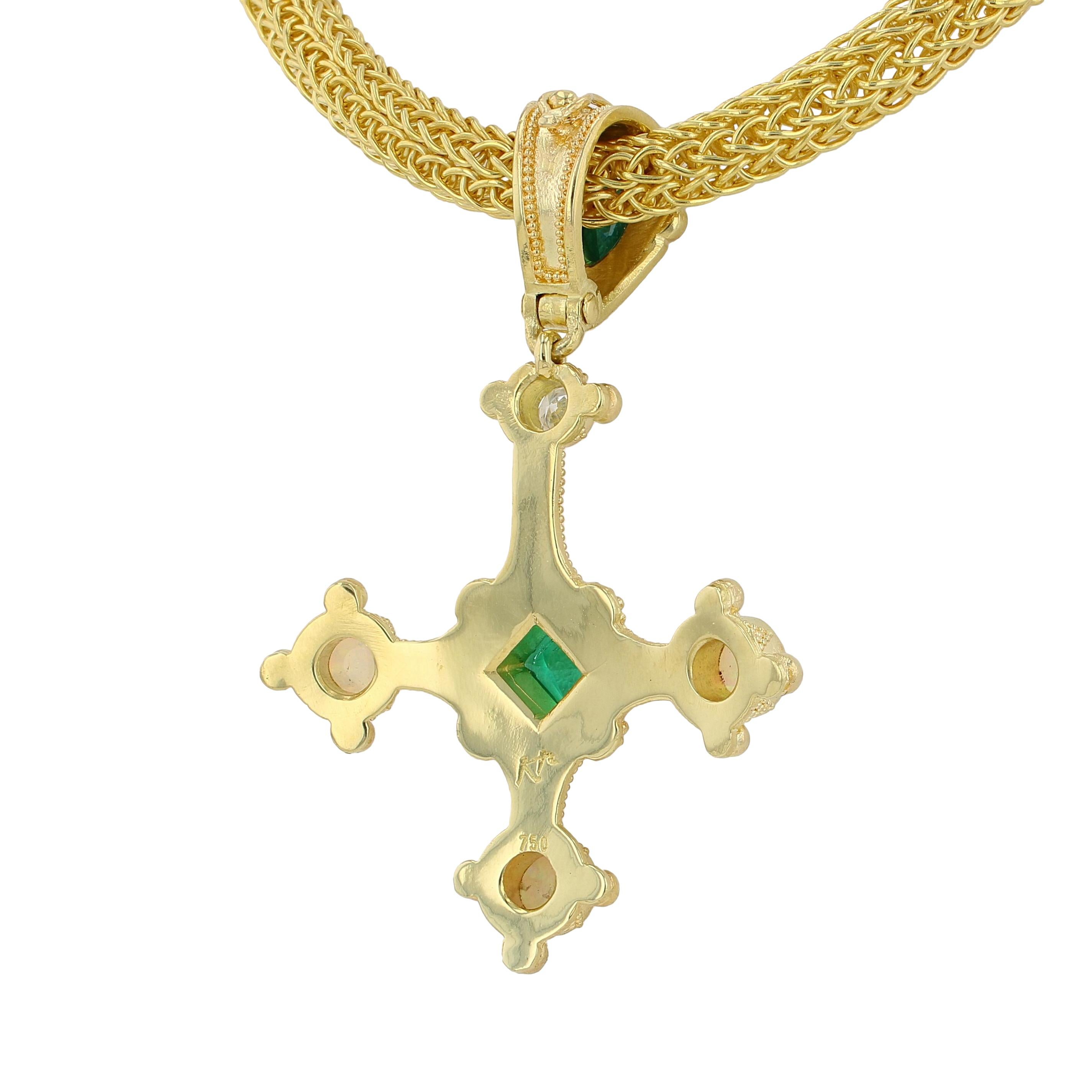Kent Raible 18 Karat Gold Cross Pendant with Emerald, Opal, Diamond, Granulation For Sale 1